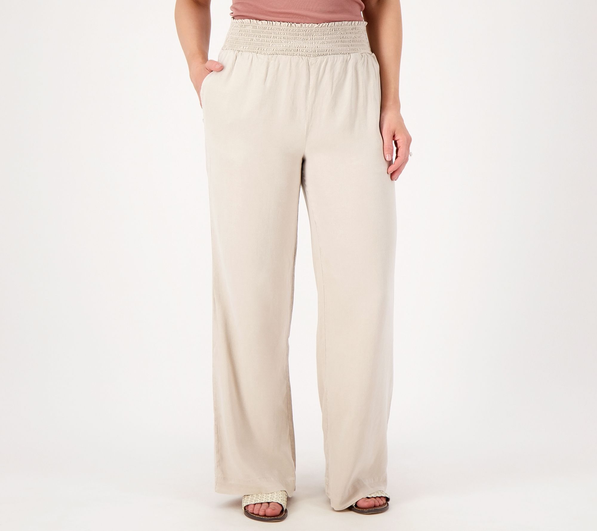 Side Stitch Smocked-Waist Wide-Leg Pants