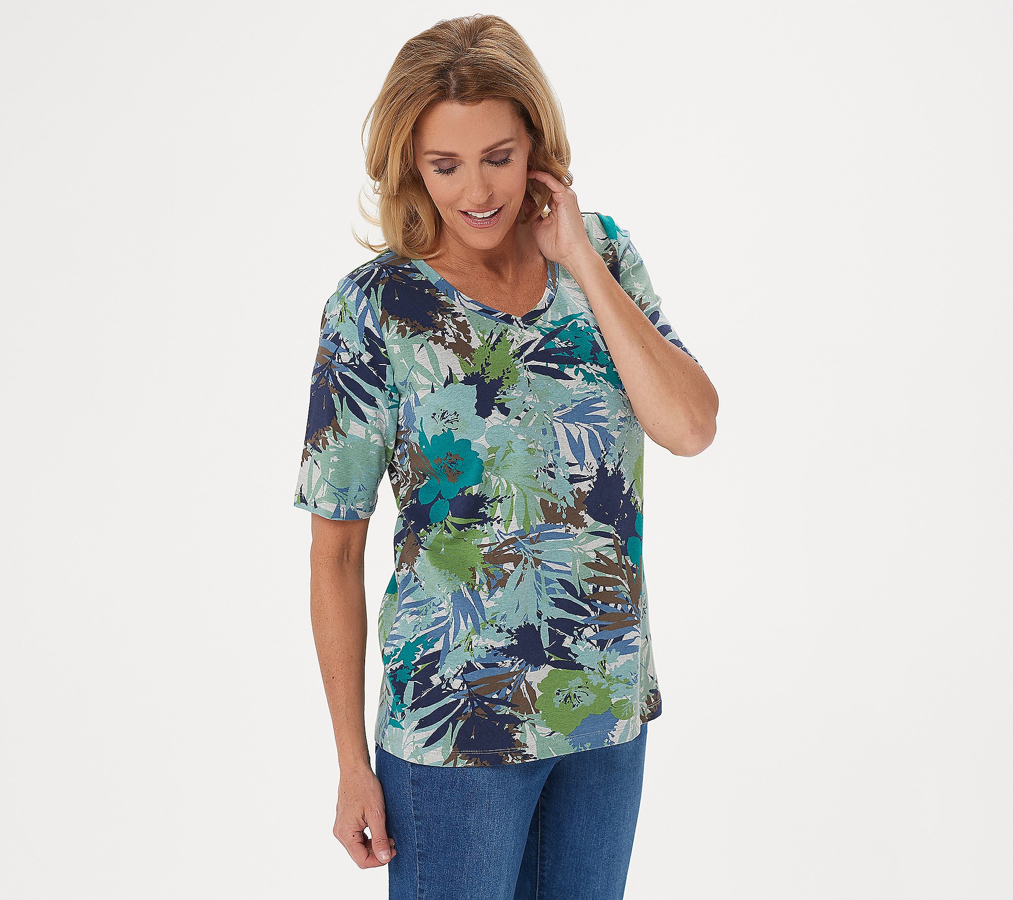 As Is Denim & Co. Active Tropical Print ElbowSlv V-Neck Top