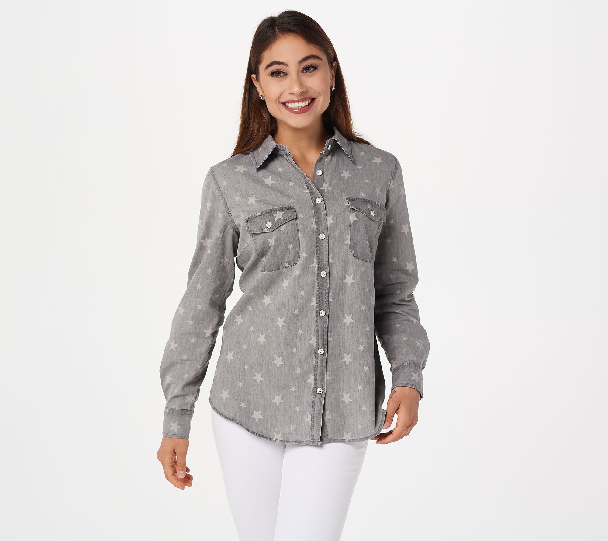 Denim & Co. Chambray Star Print Button Front Long- Sleeve Shirt - QVC.com
