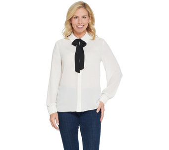 Dennis Basso Woven Tie-Neck Button-Front Blouse with Ruched Cuff - A344760