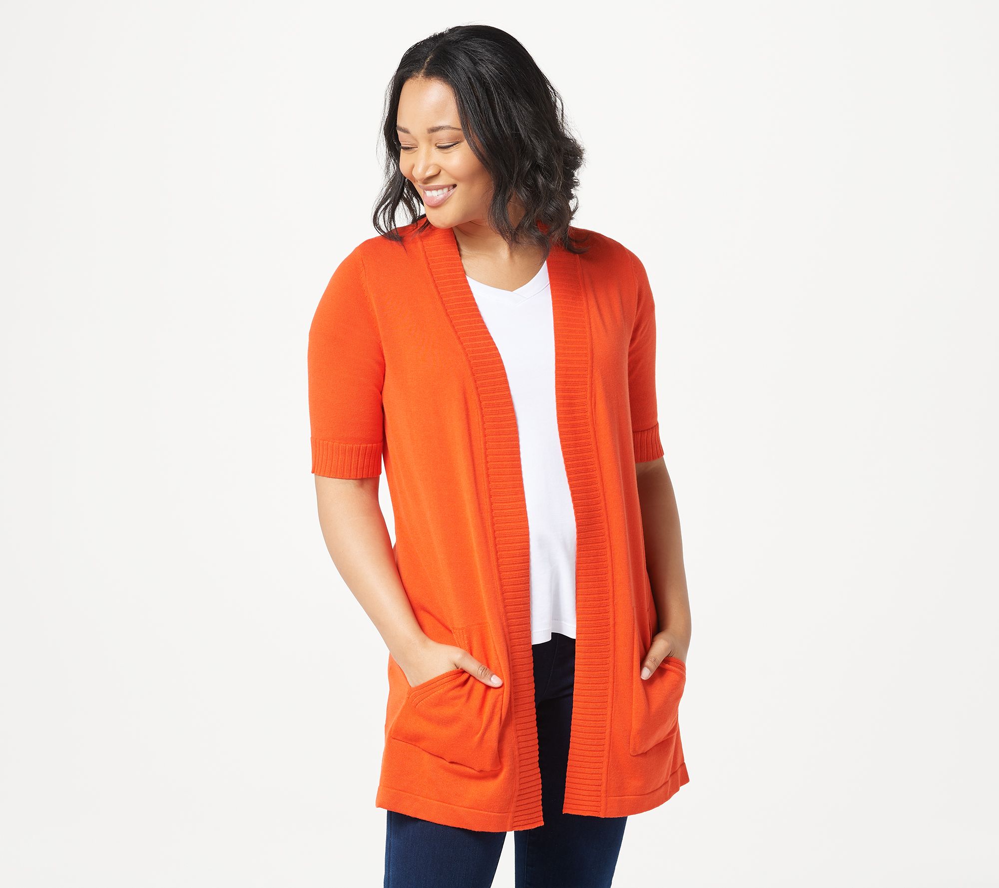 Isaac Mizrahi Live! Elbow Sleeve Open Front Cardigan with Pockets - QVC.com