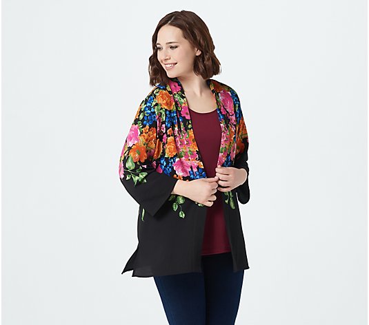 Susan Graver Printed Stretch Woven Open Front Cardigan