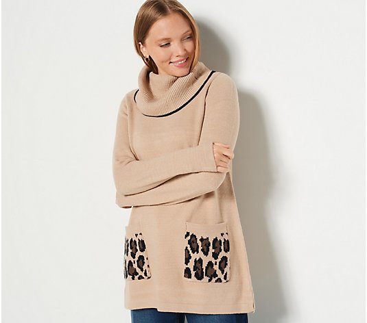LOGO by Lori Goldstein Cowl Neck Sweater with Leopard Pockets