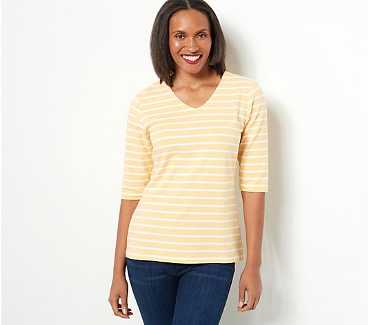 Denim & Co. Essentials Striped Jersey V-Neck Top with Ballet Sleeves