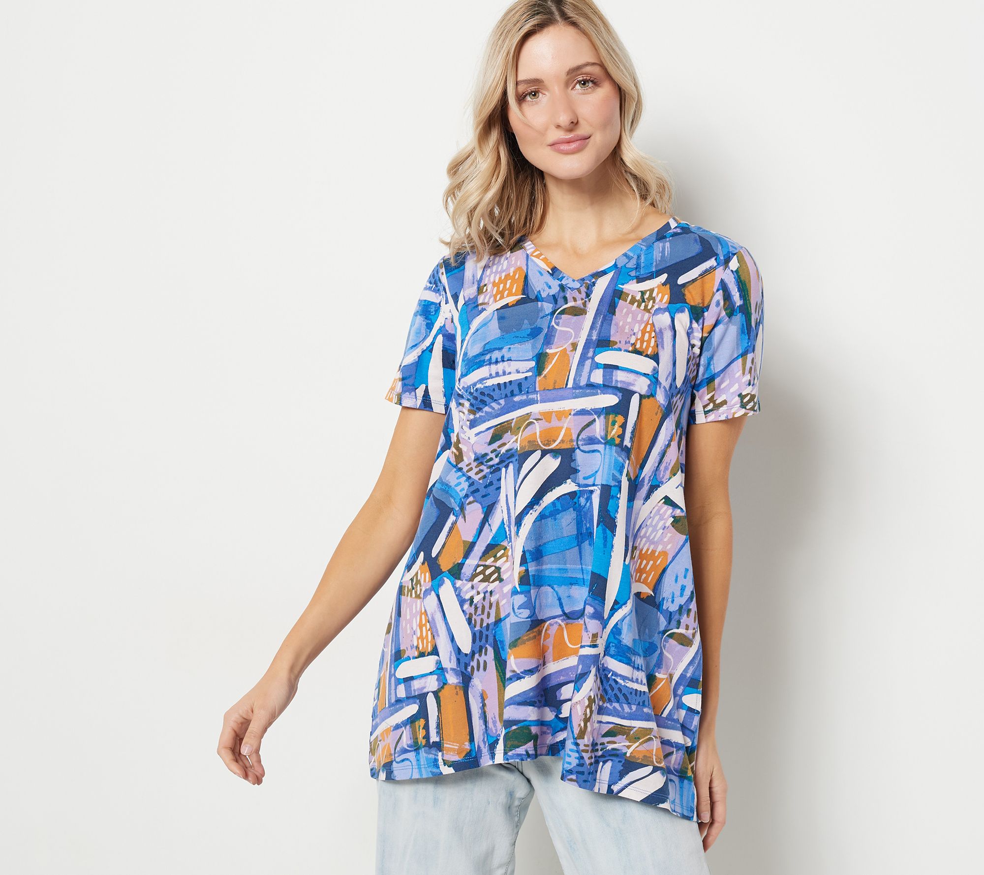 LOGO by Lori Goldstein Printed Cotton Modal Short Sleeve Top