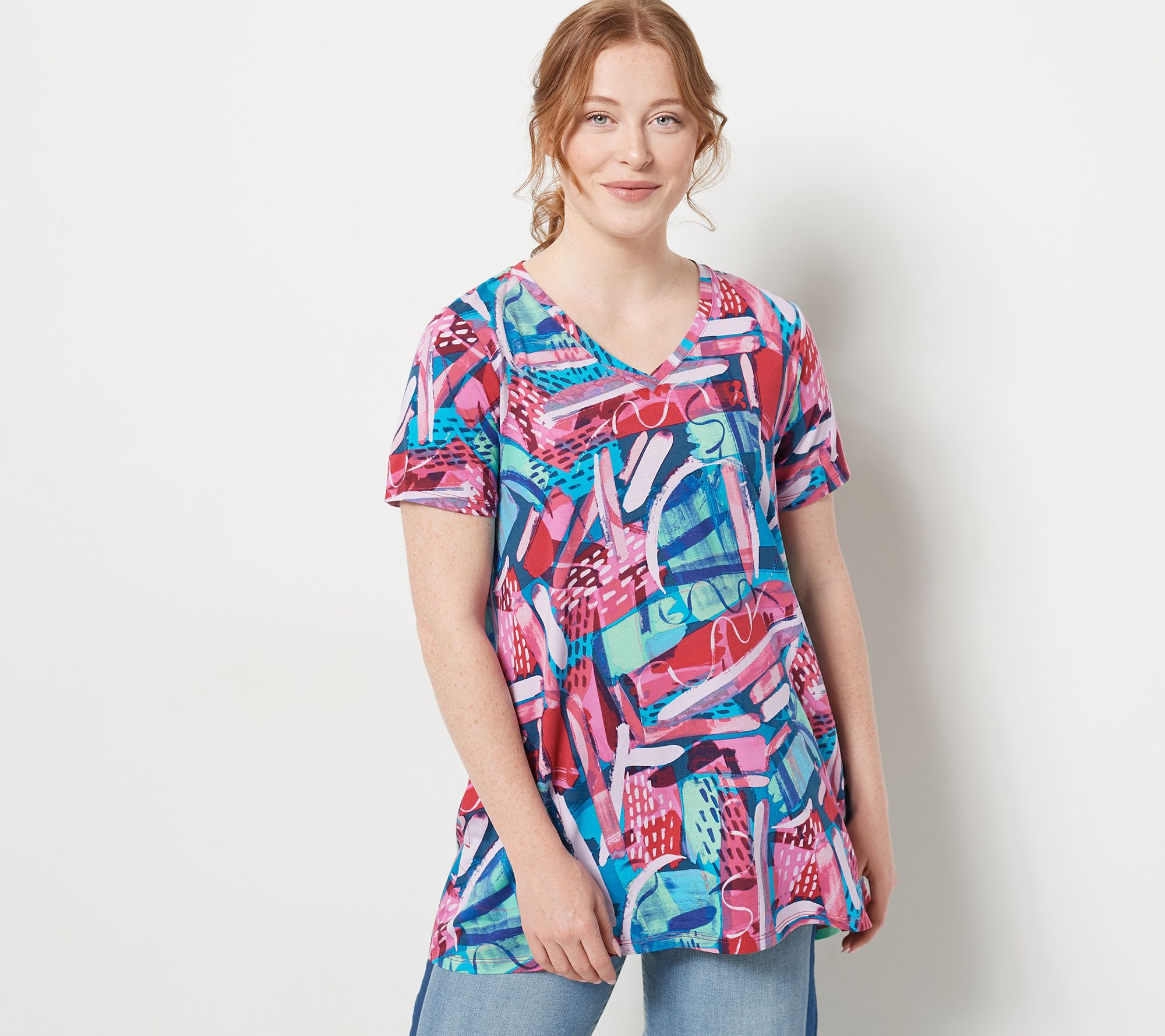 LOGO by Lori Goldstein Printed Cotton Modal Short Sleeve Top