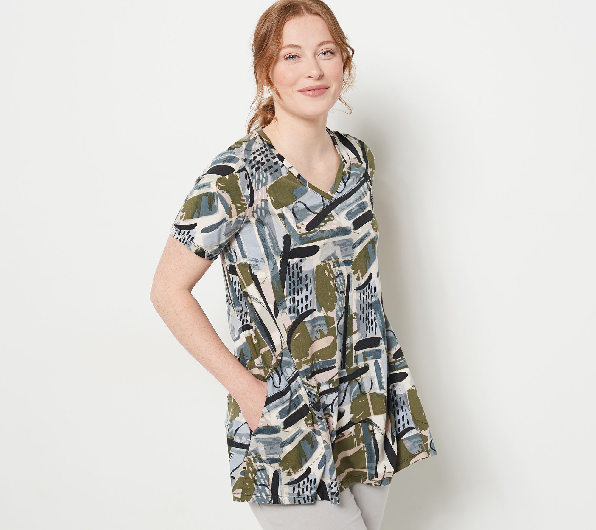 LOGO by Lori Goldstein Printed Cotton Modal Short Sleeve Top