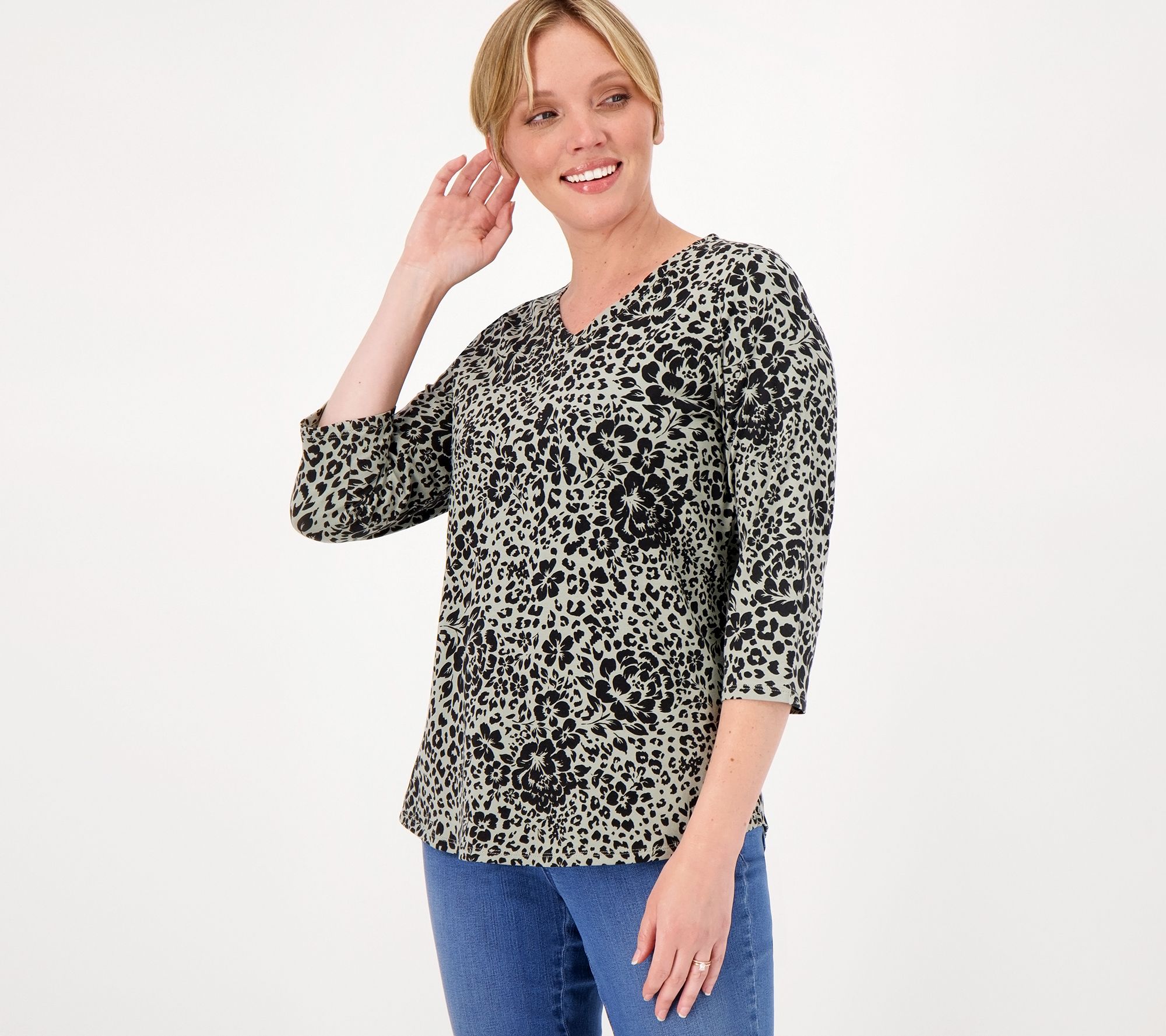 Belle by Kim Gravel TripleLuxe Knit Animal Floral 3/4 Sleeve Top