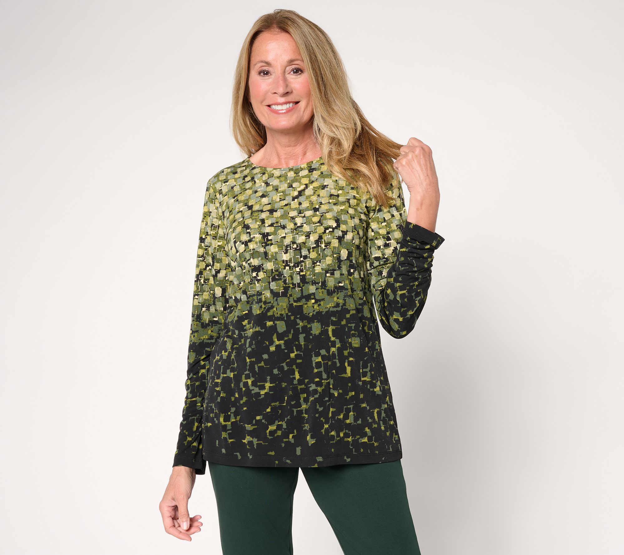 Susan Graver Foil Printed Liquid Knit Long Sleeve Crew Neck Top