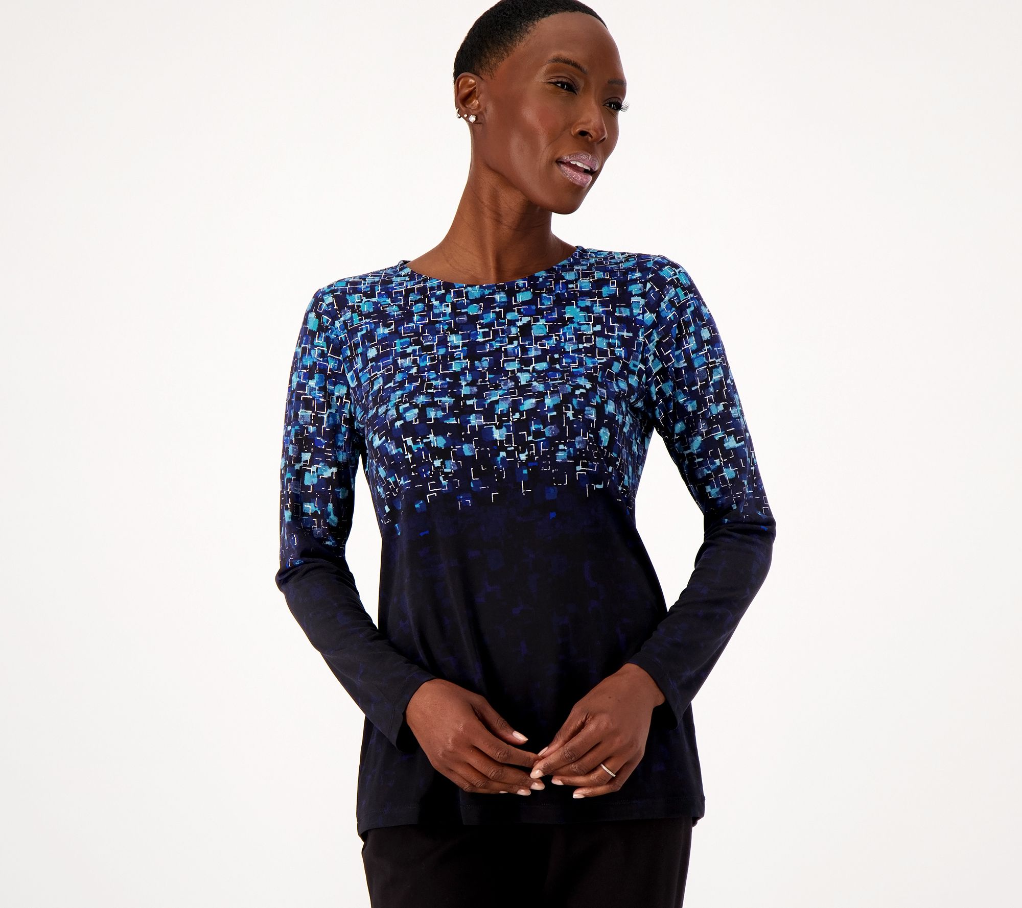 Susan Graver Foil Printed Liquid Knit Long Sleeve Crew Neck Top