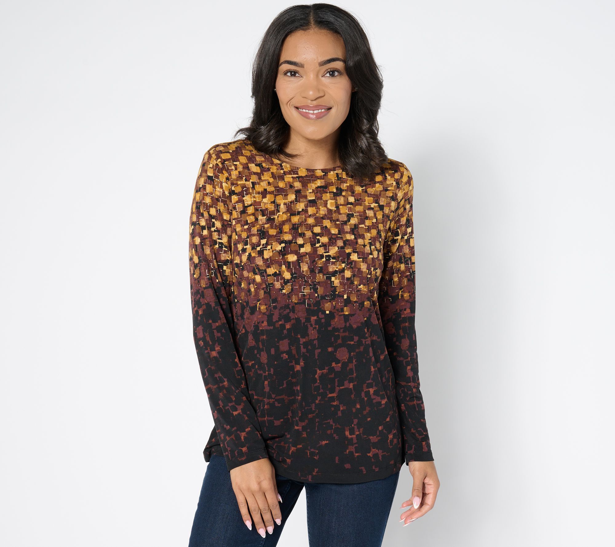 Susan Graver Foil Printed Liquid Knit Long Sleeve Crew Neck Top