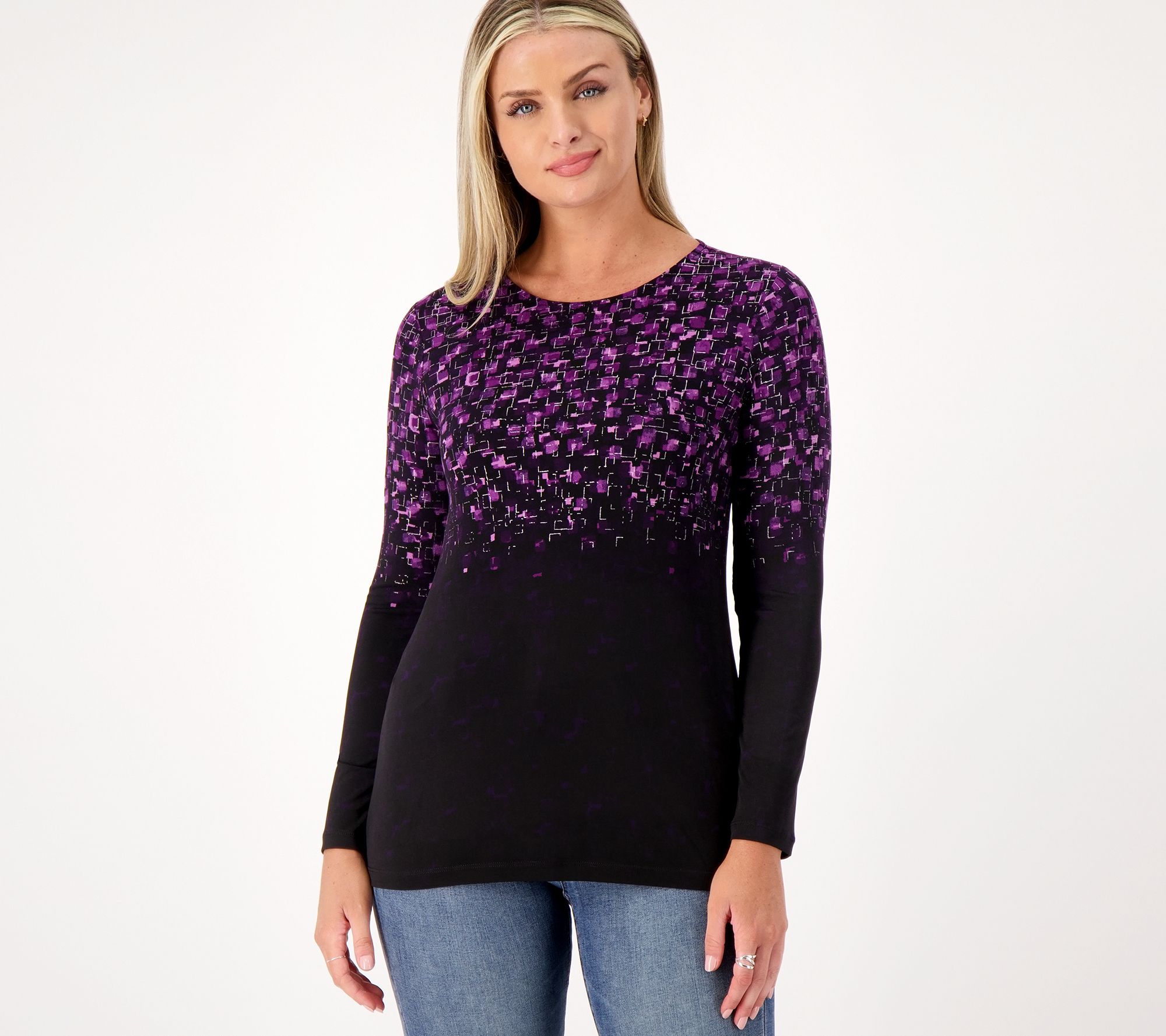 Susan Graver Foil Printed Liquid Knit Long Sleeve Crew Neck Top