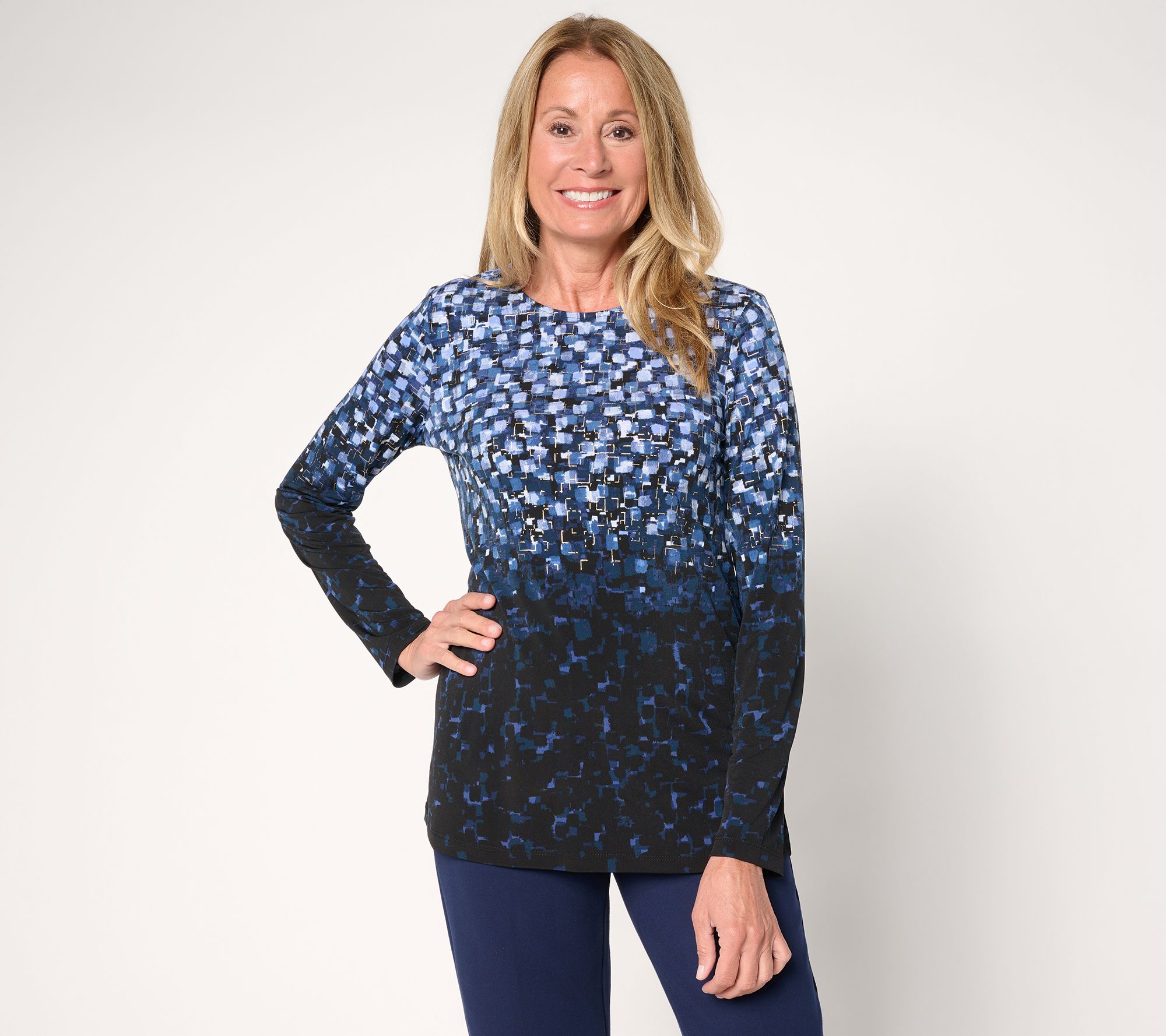 Susan Graver Foil Printed Liquid Knit Long Sleeve Crew Neck Top