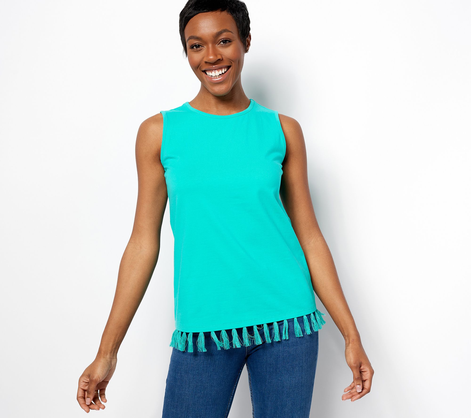 "As Is" Denim & Co. Perfect Jersey Round Neck Tank with Fringe