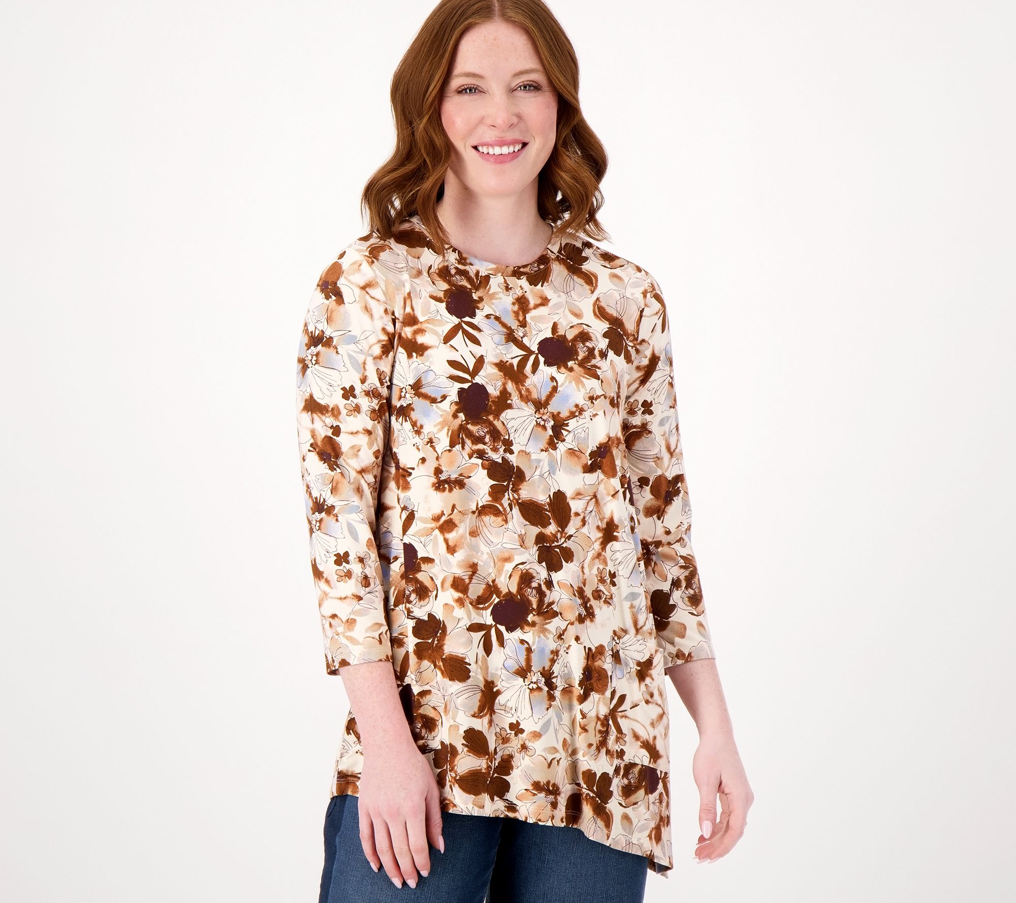 LOGO by Lori Goldstein Rayon 230 Printed Top w/ Asymmetric Hem