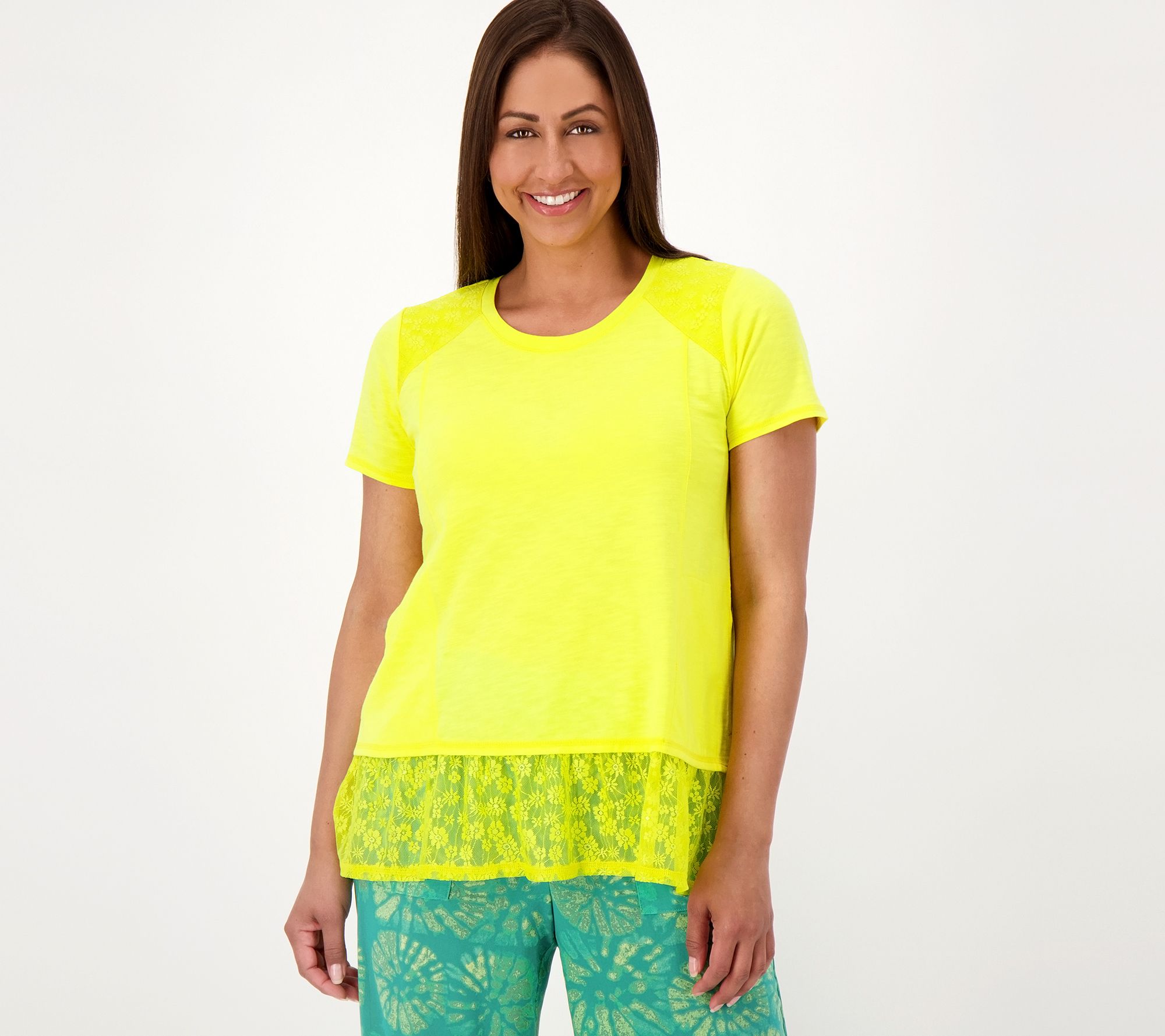 LOGO by Lori Goldstein Cotton Slub Top with Lace Hem