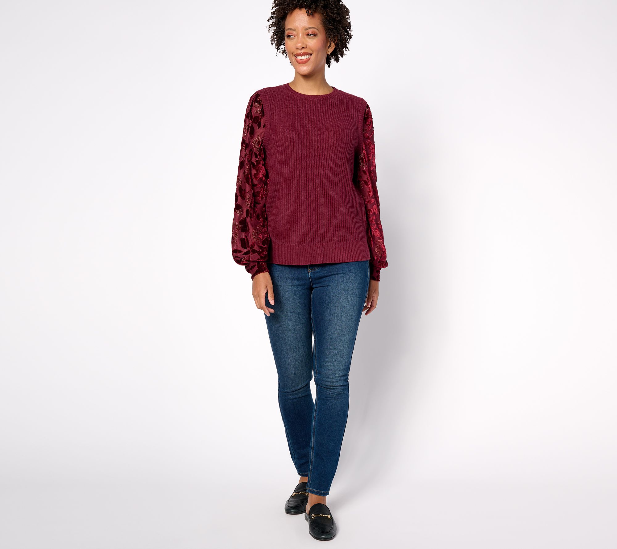 Isaac Mizrahi Live! Sweater with Burnout Velvet Sleeves 