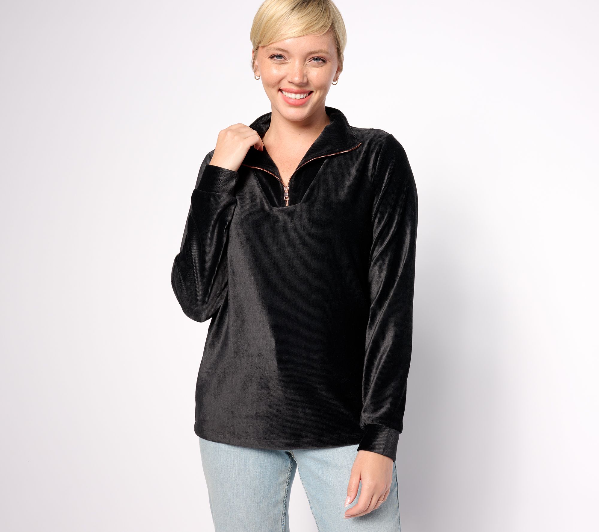 AnyBody Rib Velour Long Sleeve Funnel Neck Pullover