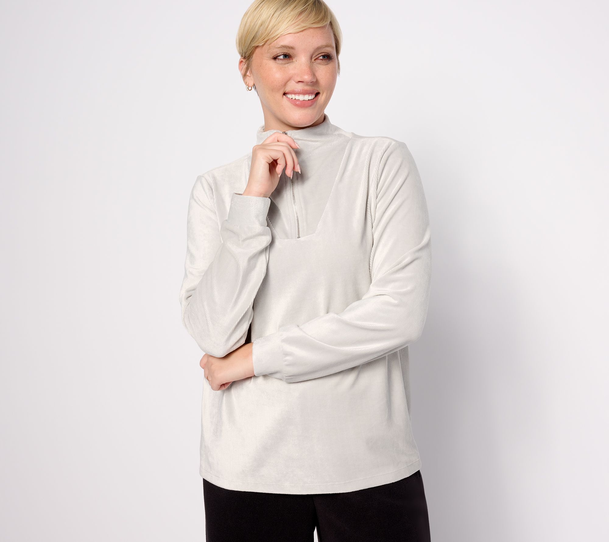 AnyBody Rib Velour Long Sleeve Funnel Neck Pullover