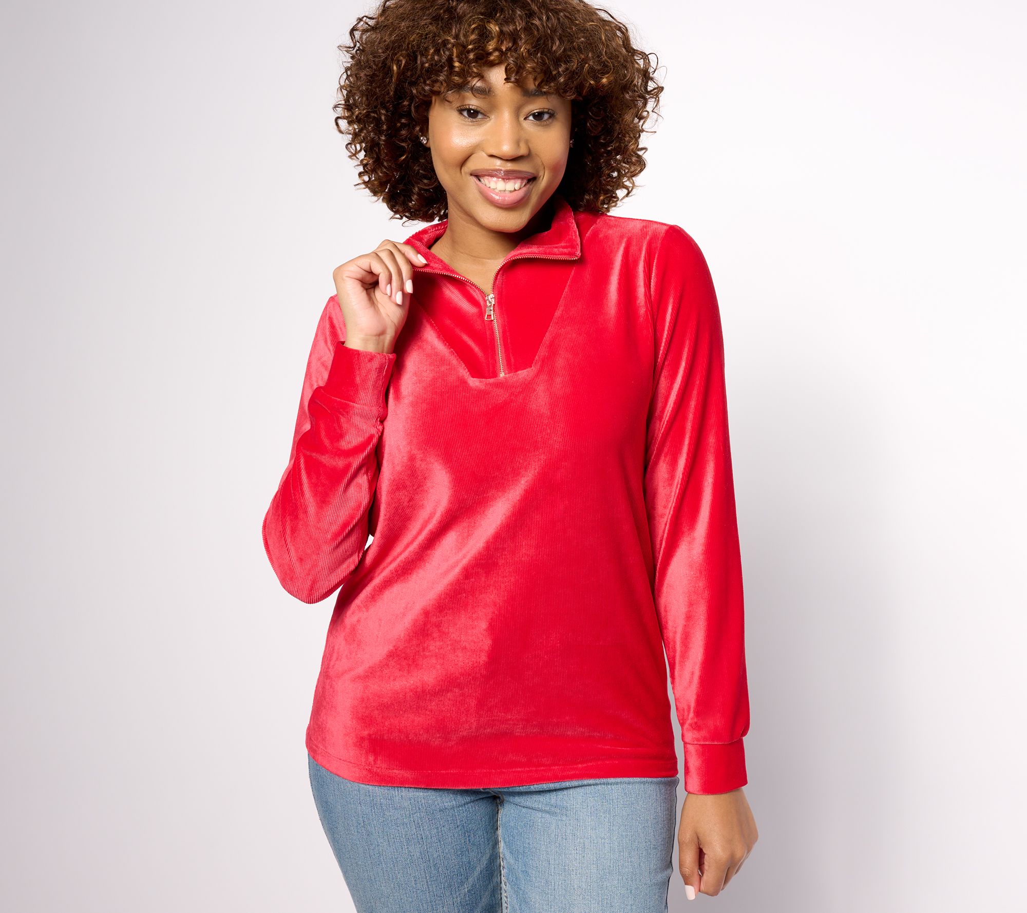 AnyBody Rib Velour Long Sleeve Funnel Neck Pullover