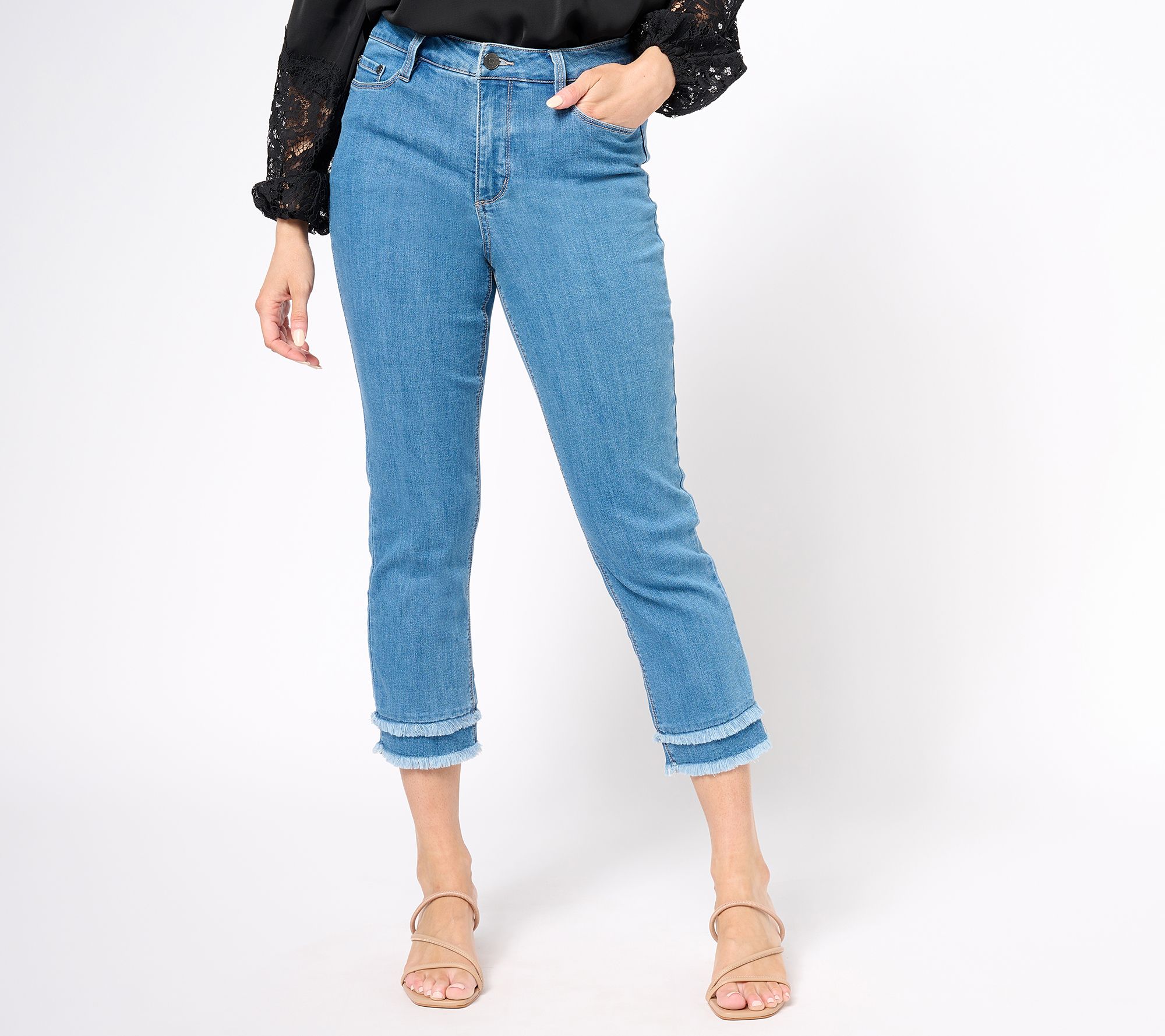"As Is" Susan Graver Petite Straight Leg Crop Jean with Tiered Fray Hem
