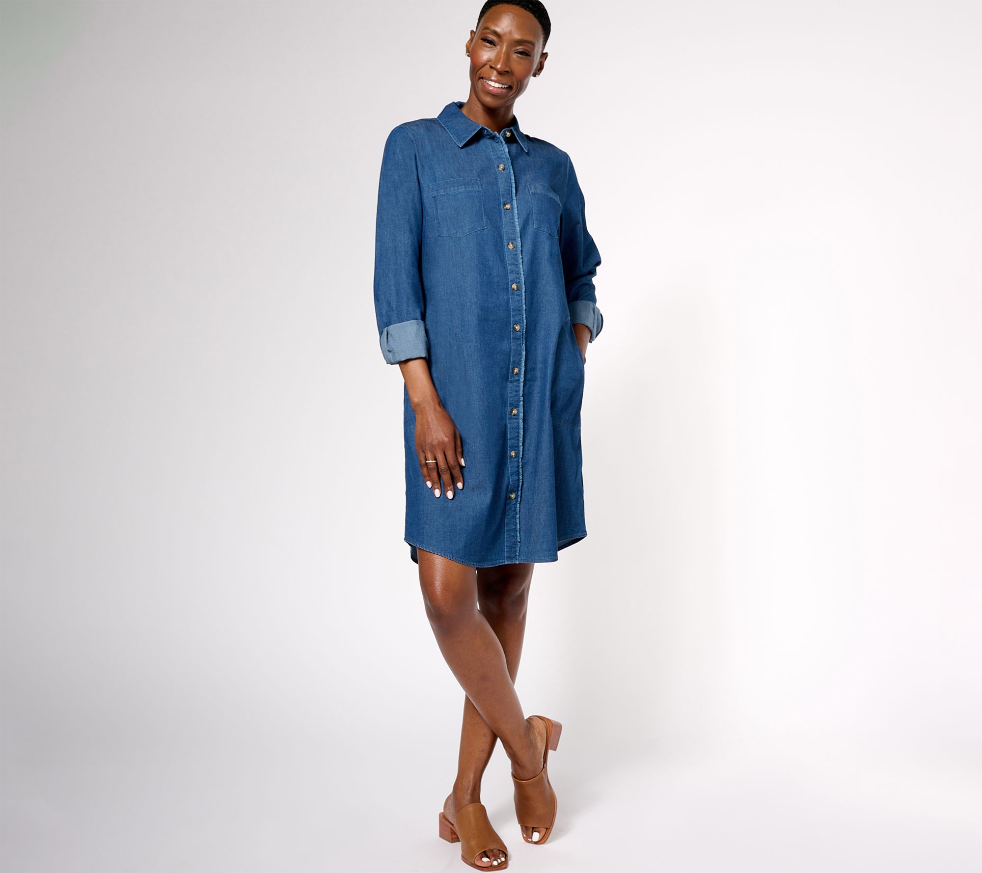 "As Is" Belle by Kim Gravel Stretch Denim Button Front Shirt Dress