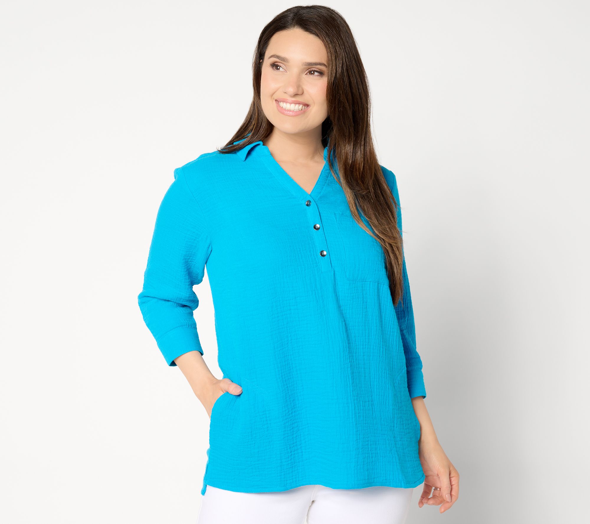 Joan Rivers Marshmallow Gauze Popover Y-Neck Collared Shirt