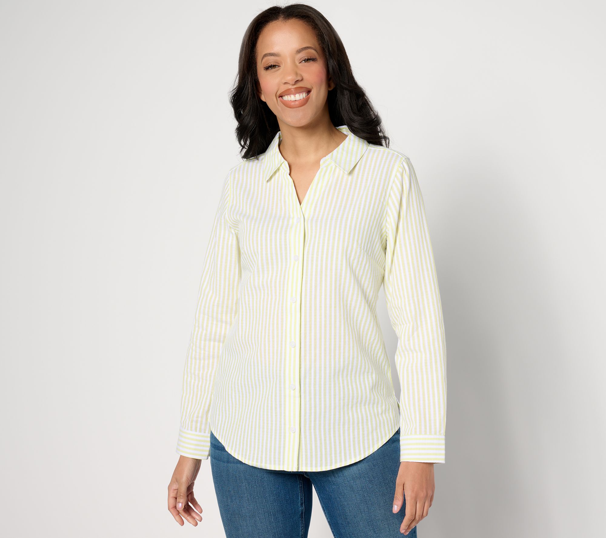 Denim & Co. Striped Cotton Jacquard Long-Sleeve Yarn-Dye