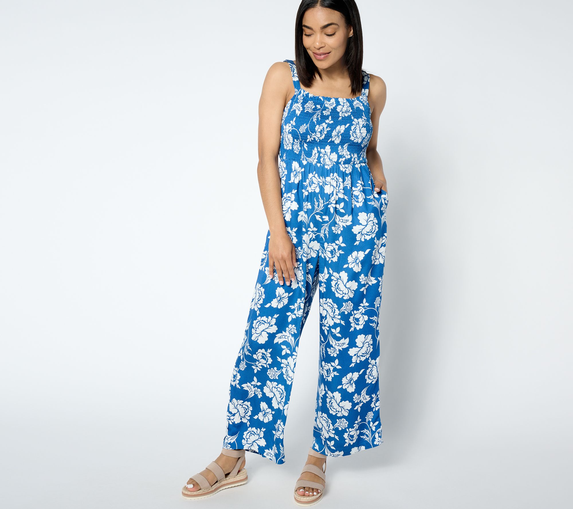 Destination 365 Petite Printed Smocked Bodice Sleeveless Jumpsuit