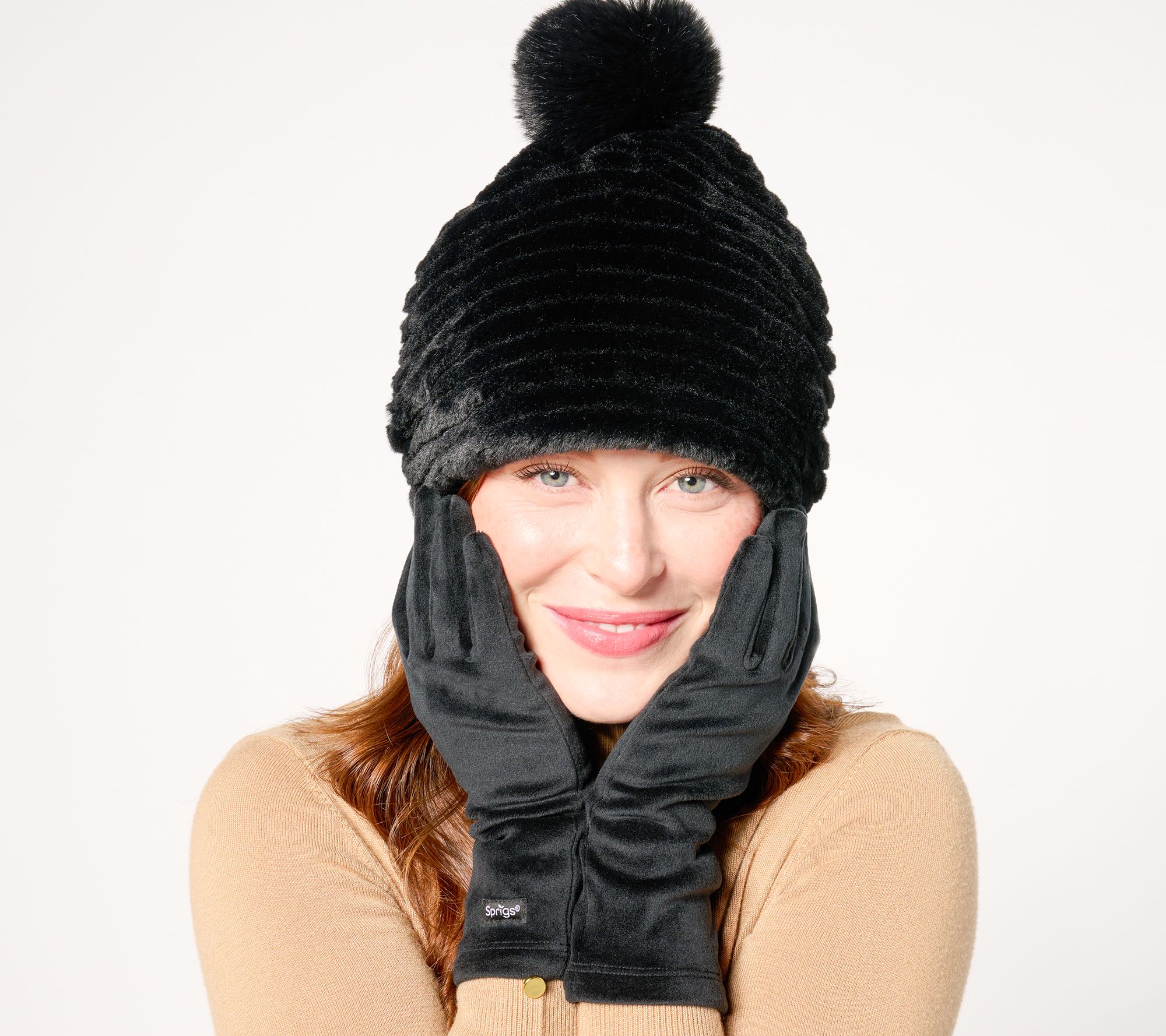 Sprigs Striped Faux Fur Beanie with Pom-Pom & Texting Glove