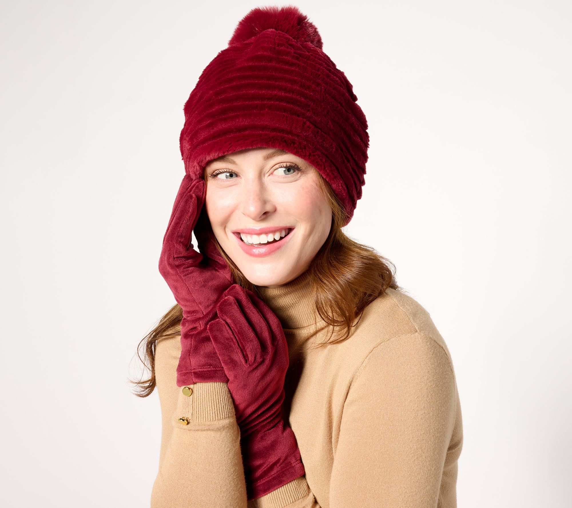 Sprigs Striped Faux Fur Beanie with Pom-Pom & Texting Glove