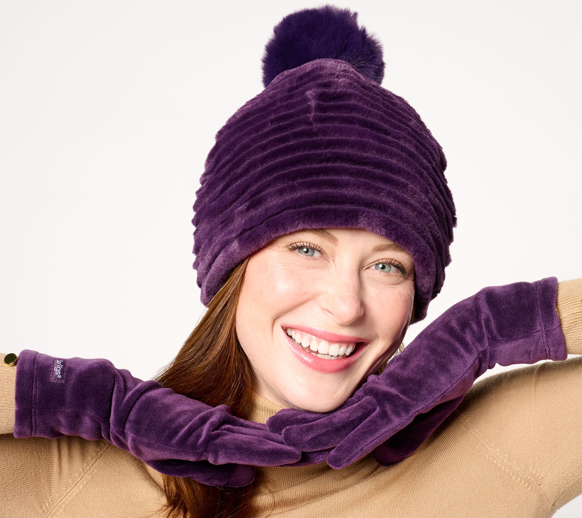 Sprigs Striped Faux Fur Beanie with Pom-Pom & Texting Glove