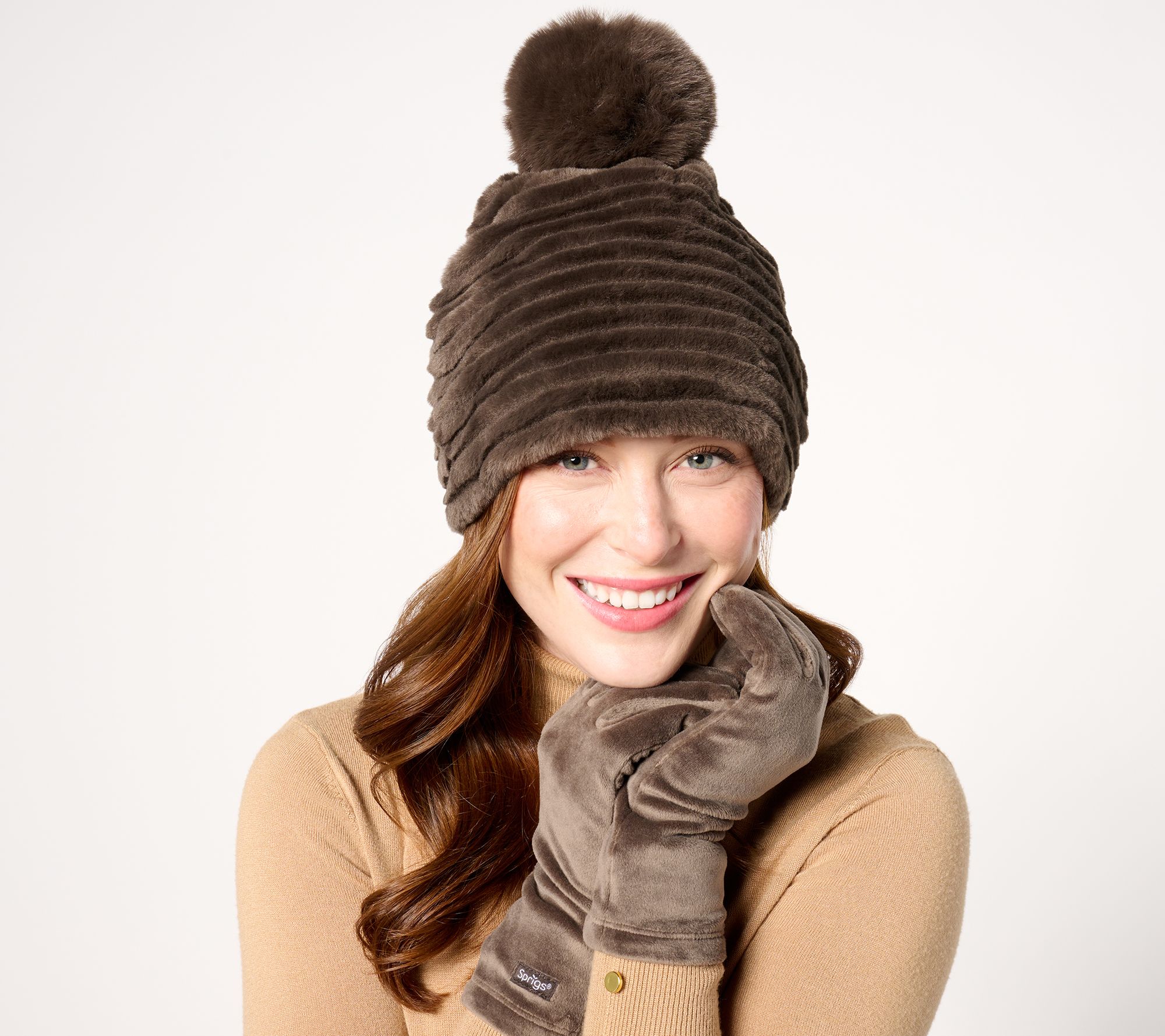 Sprigs Striped Faux Fur Beanie with Pom-Pom & Texting Glove