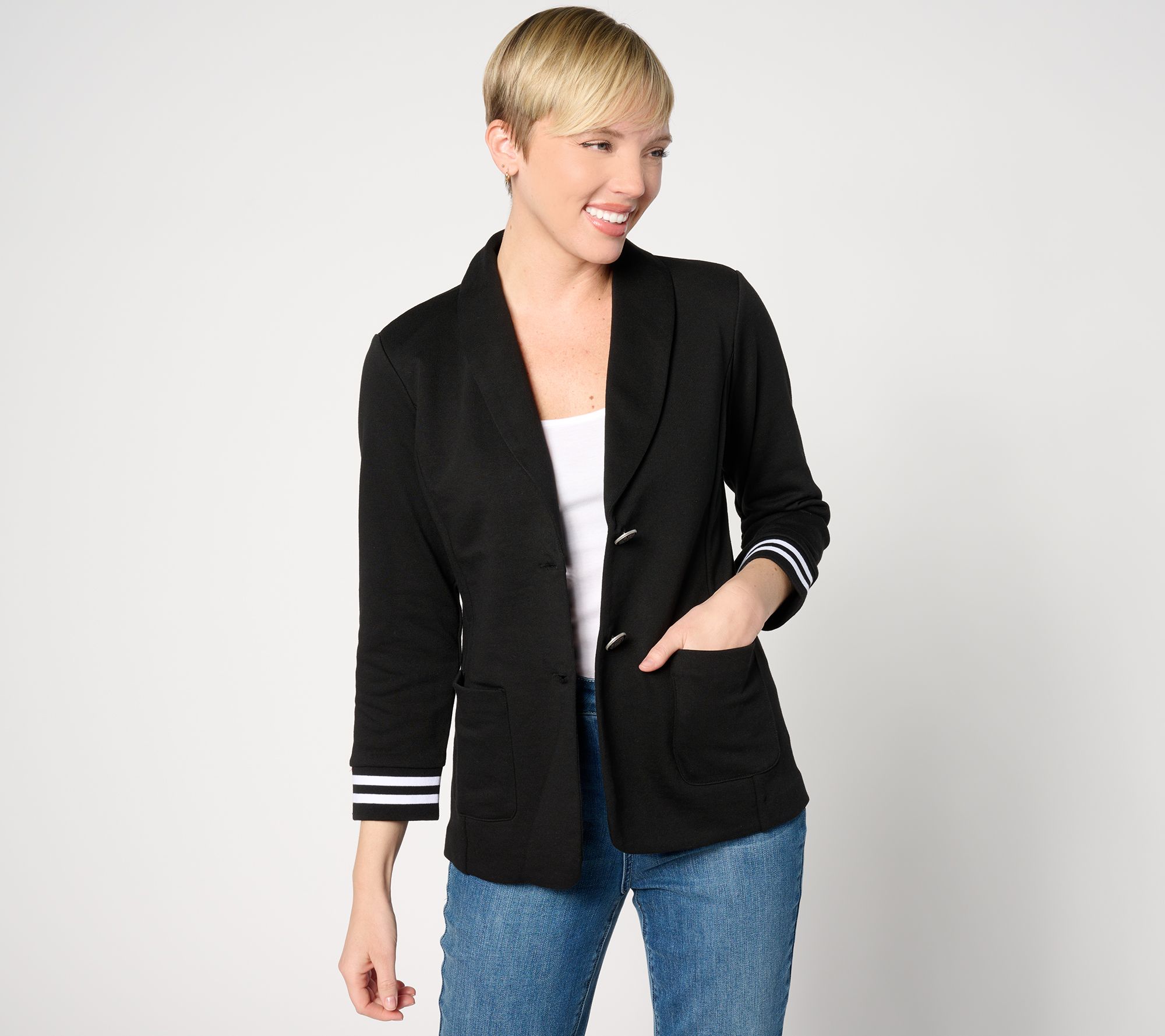 "As Is" Susan Graver Weekend Marina Knit 3/4 Sleeve Blazer w/ Rib Knit