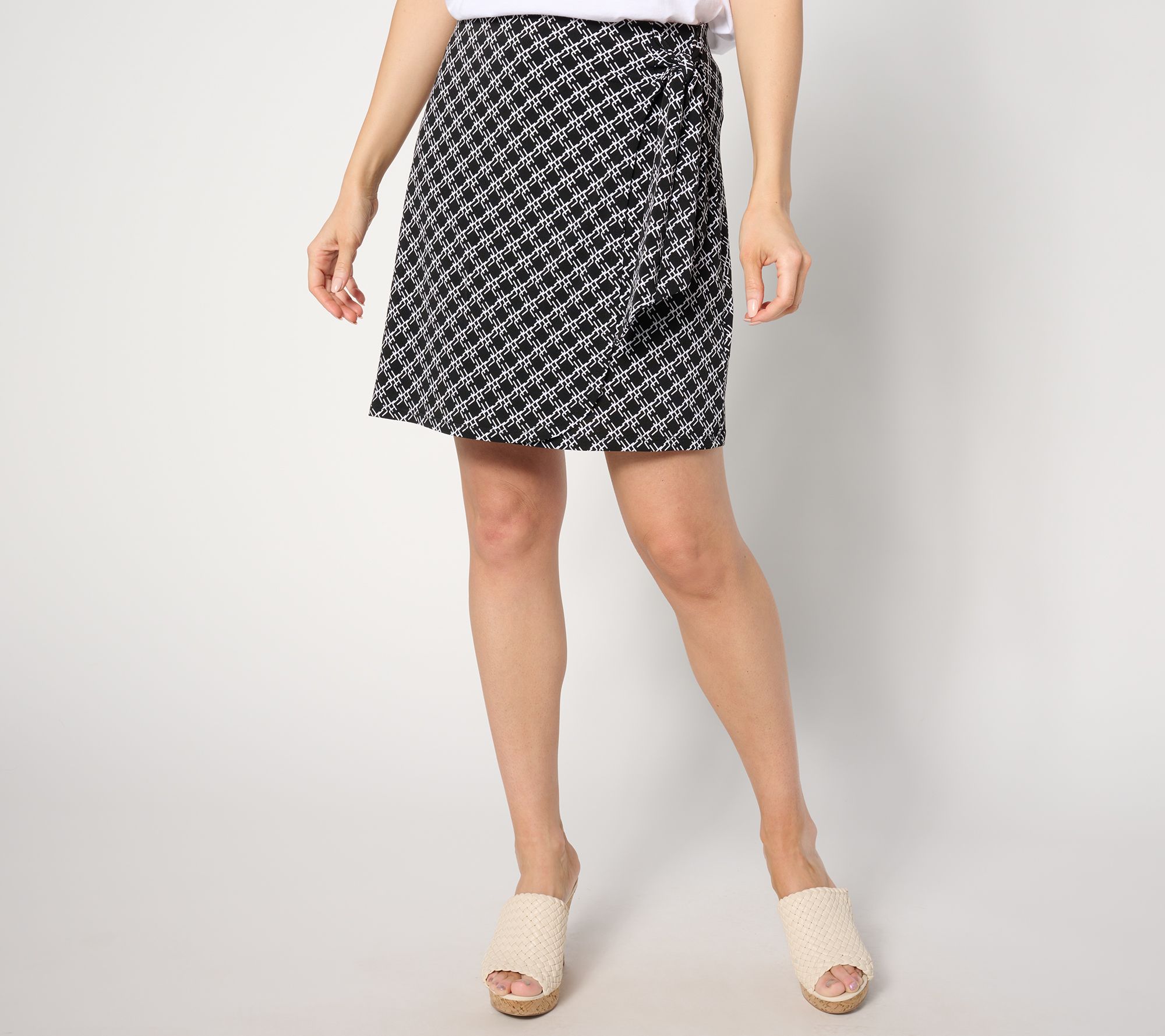 "As Is" Susan Graver Printed Liquid Knit Faux Wrap Skort w/ Tie Detail