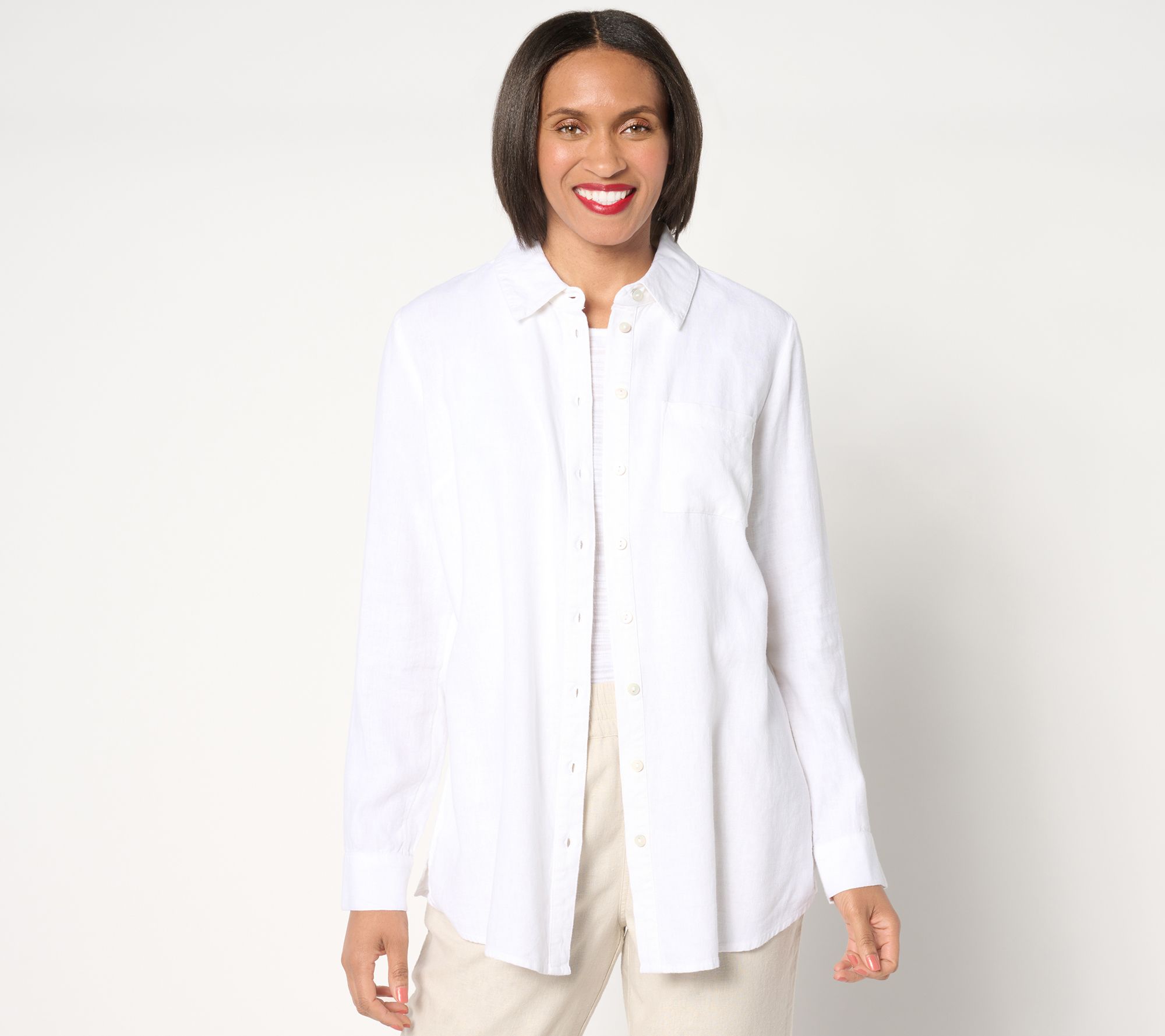 "As Is" Denim & Co. Naturals Linen Blend Regular Button Front Tunic