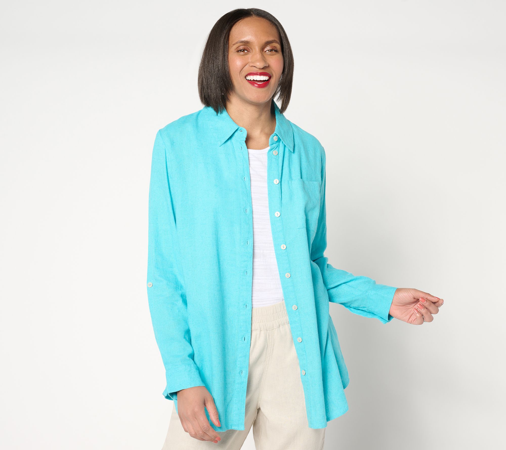 "As Is" Denim & Co. Naturals Linen Blend Regular Button Front Tunic