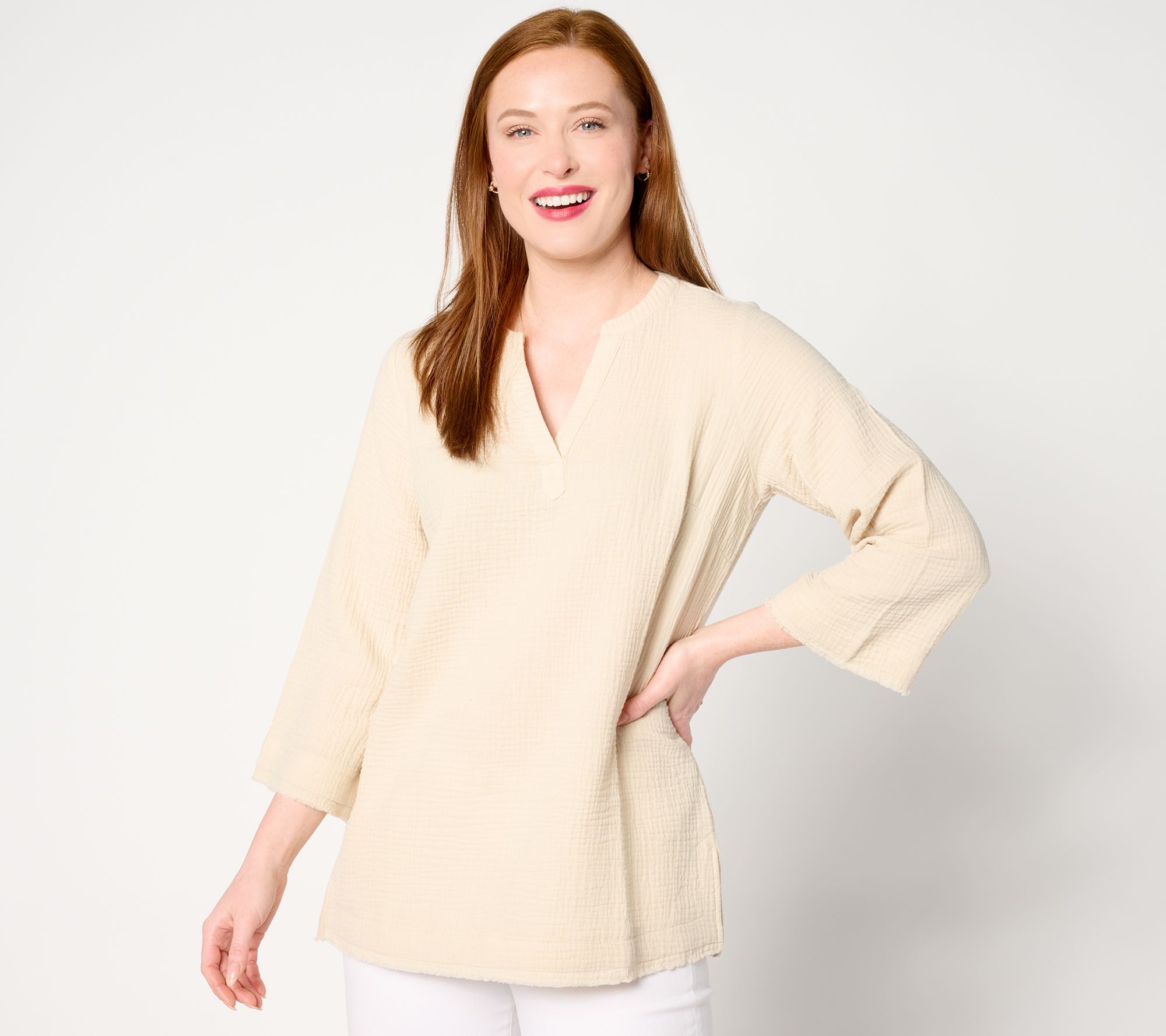 "As Is" Belle Beach by Kim Gravel Cotton Gauze Frayed Edge Tunic Top