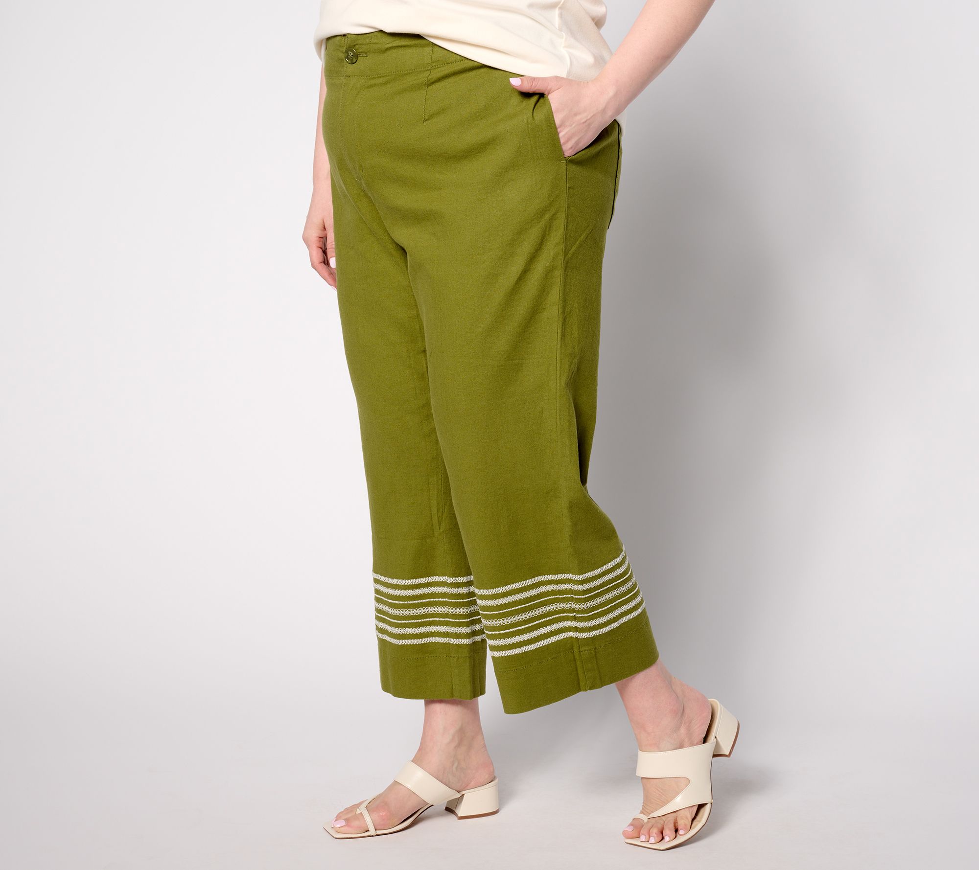 "As Is" Joan Rivers Petite Stretch Novelty Linen Crop Pant with Embroidery