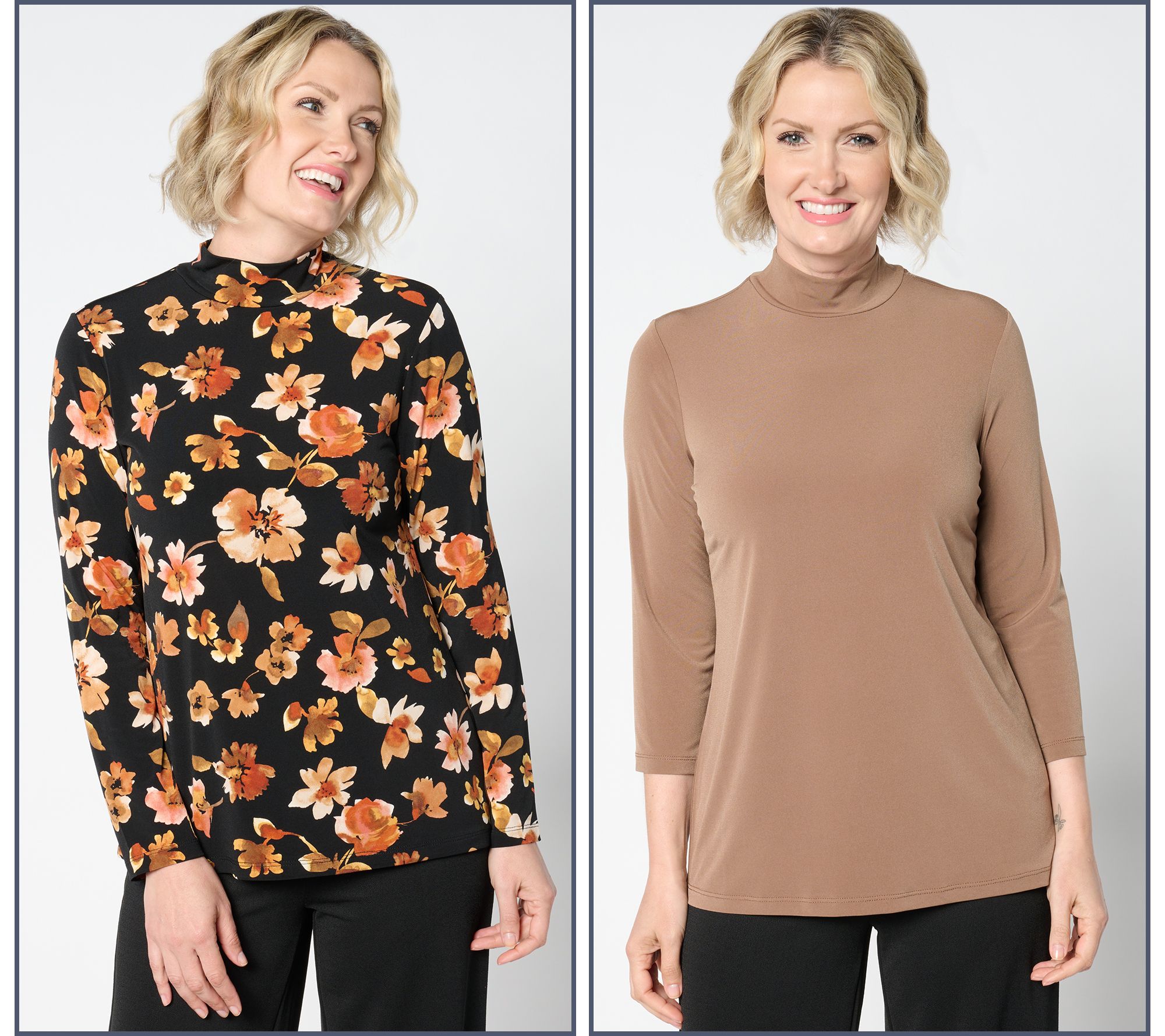 "As Is" Susan Graver Print and Solid Liquid Knit S/2 Mock Neck Tops