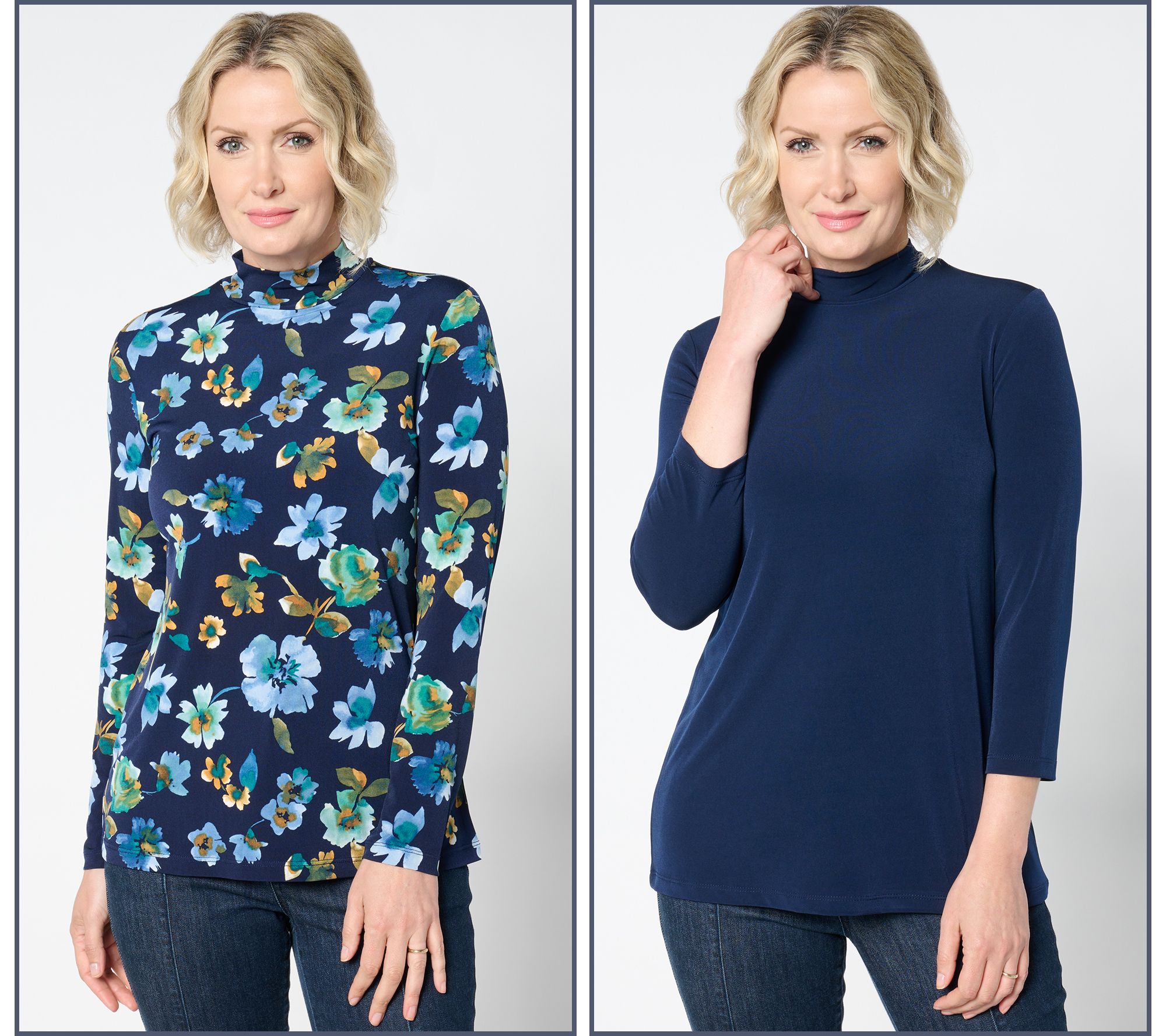 "As Is" Susan Graver Print and Solid Liquid Knit S/2 Mock Neck Tops