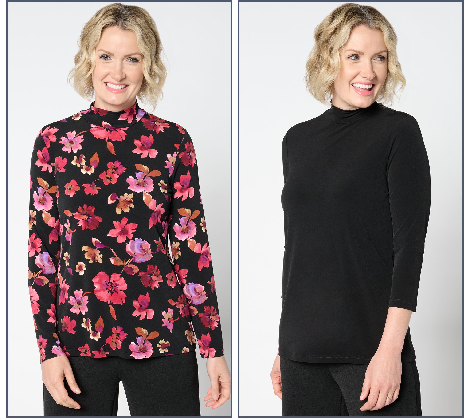 "As Is" Susan Graver Print and Solid Liquid Knit S/2 Mock Neck Tops