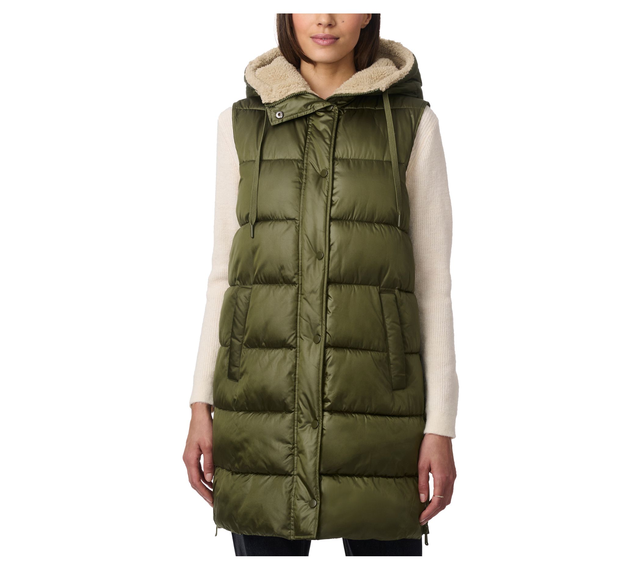 Bernardo Mid-Length Puffer Vest with Sherpa-Lined Hood