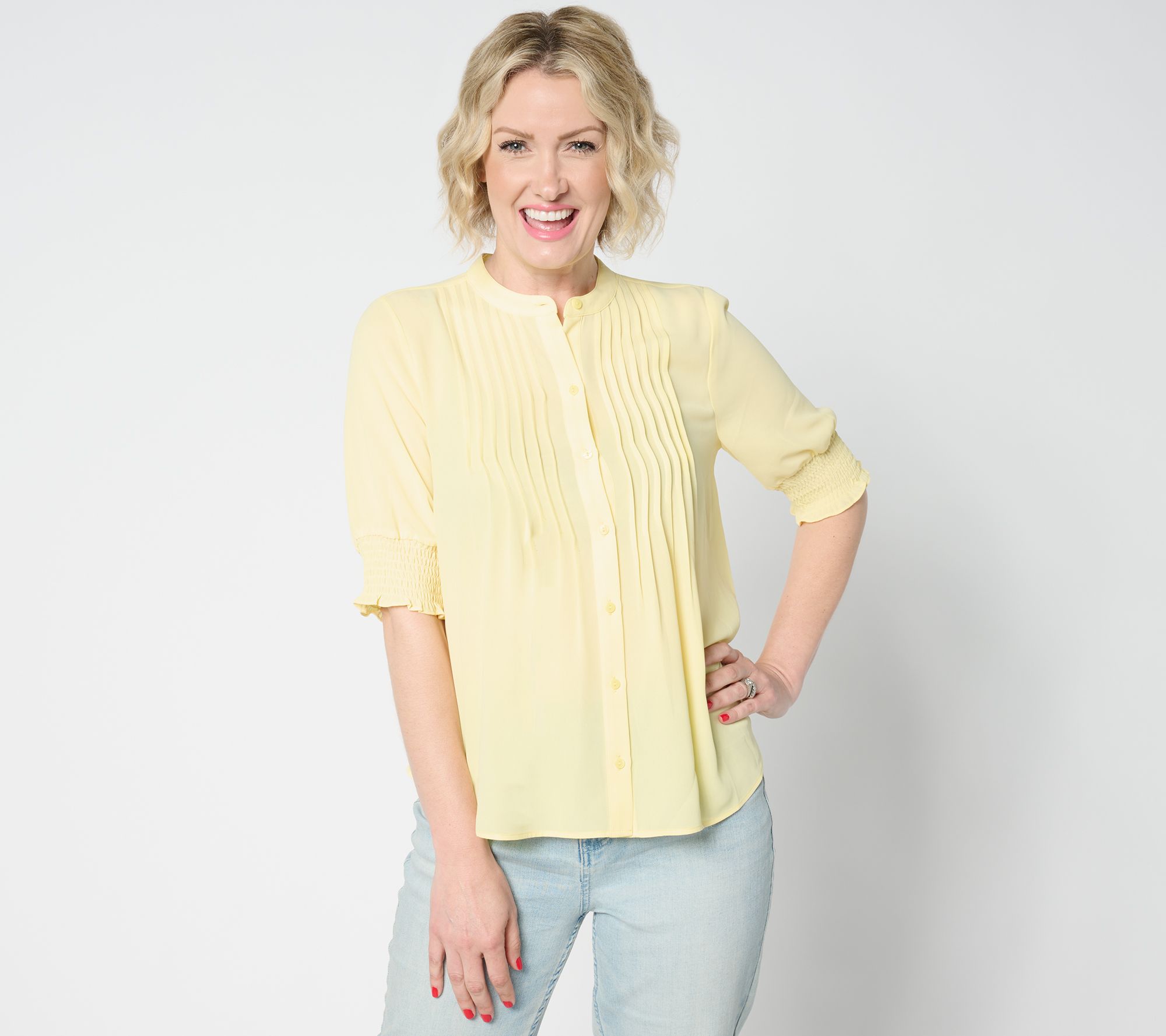 "As Is" NYDJ Short Sleeve Pleated Peasant Blouse- Yellow Daisy