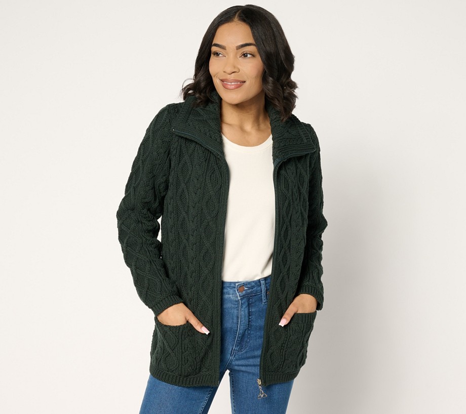 Aran Crafts Merino Wool Zip-Front Sweater with Pockets
