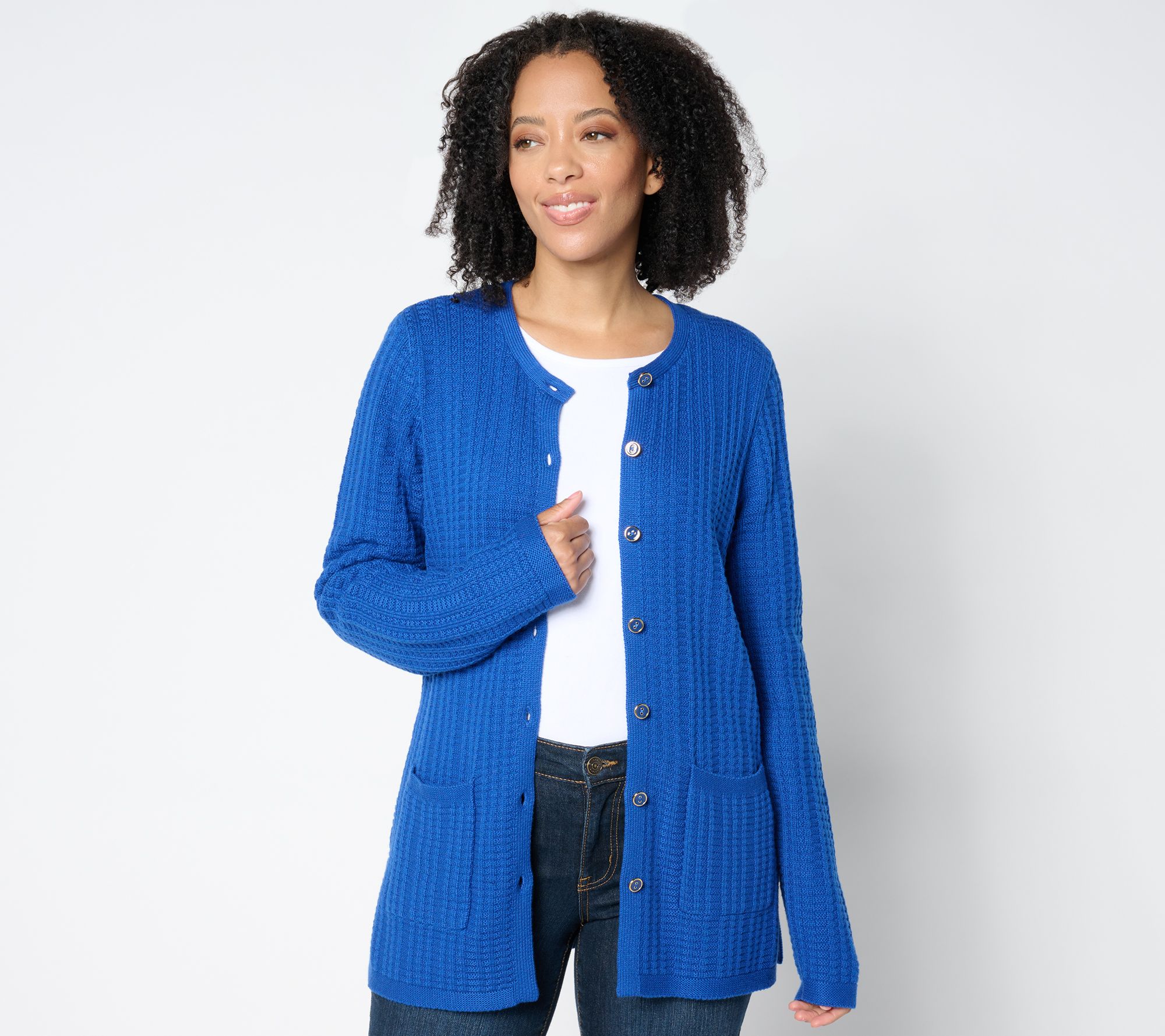 "As Is" Isaac Mizrahi Live! Petite Button Front Stitch Cardigan
