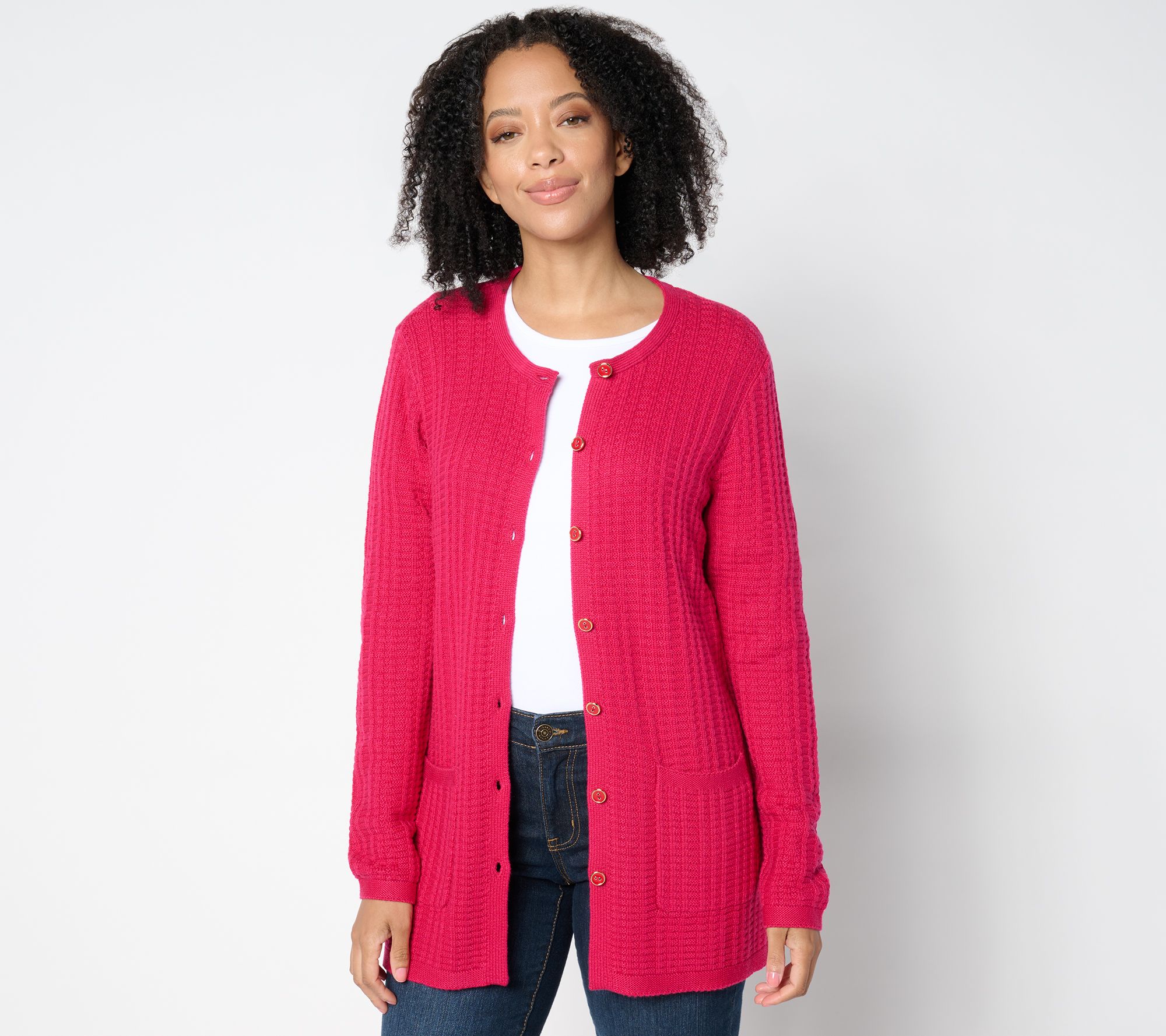 "As Is" Isaac Mizrahi Live! Petite Button Front Stitch Cardigan
