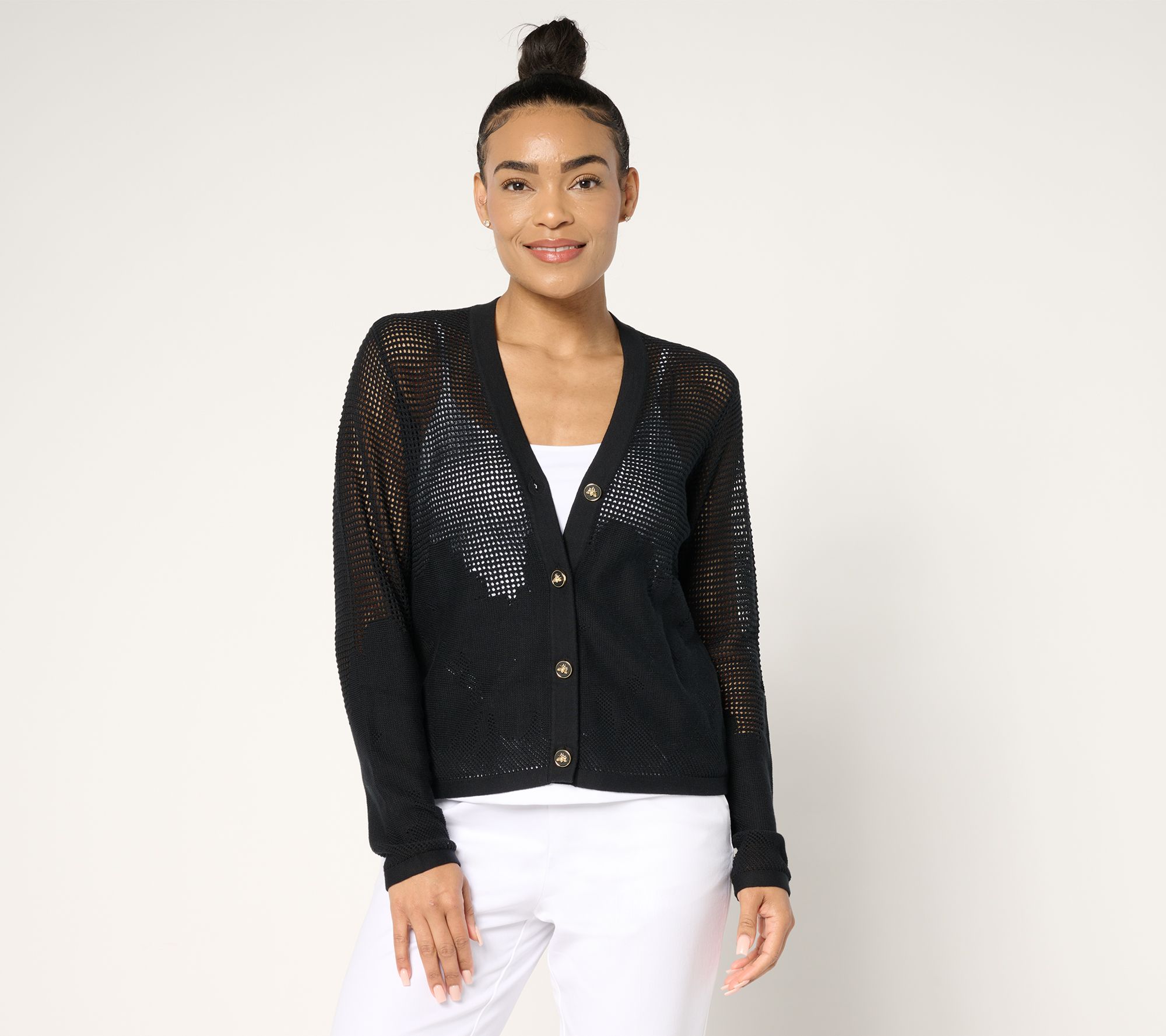 Joan Rivers Cotton Crochet Floral Border Cardigan with Bee Buttons