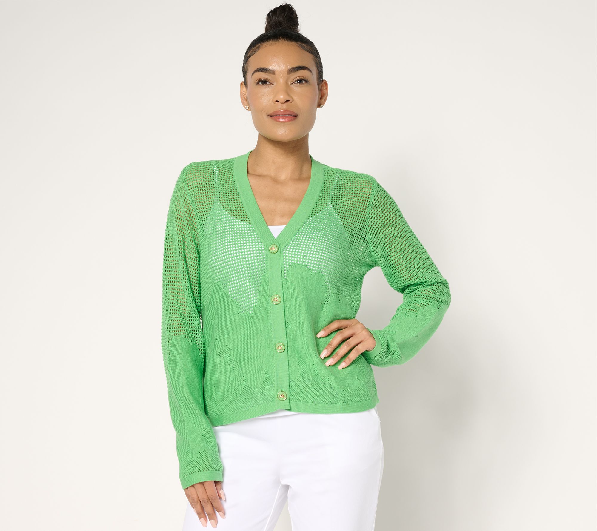 Joan Rivers Cotton Crochet Floral Border Cardigan with Bee Buttons