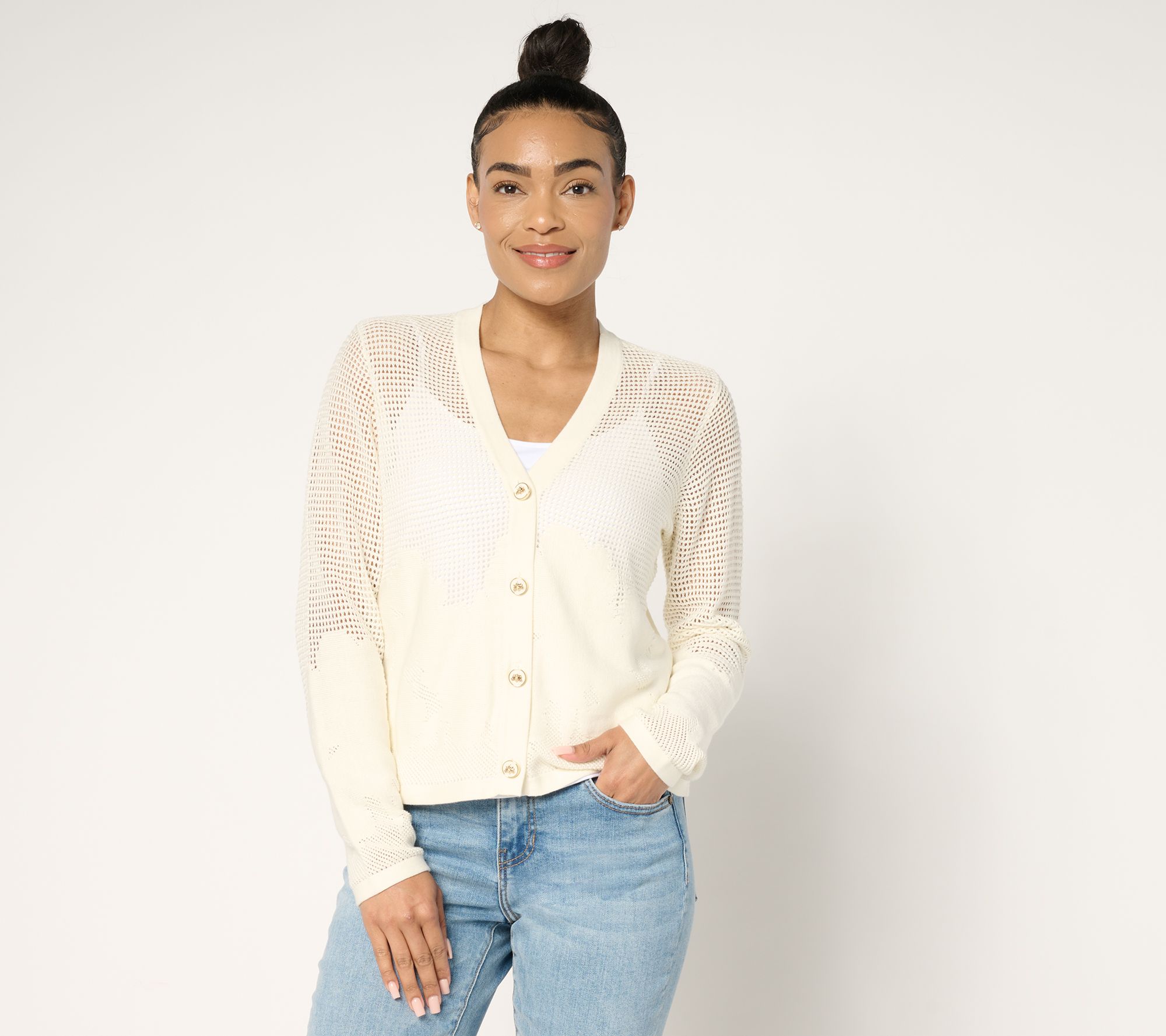 Joan Rivers Cotton Crochet Floral Border Cardigan with Bee Buttons